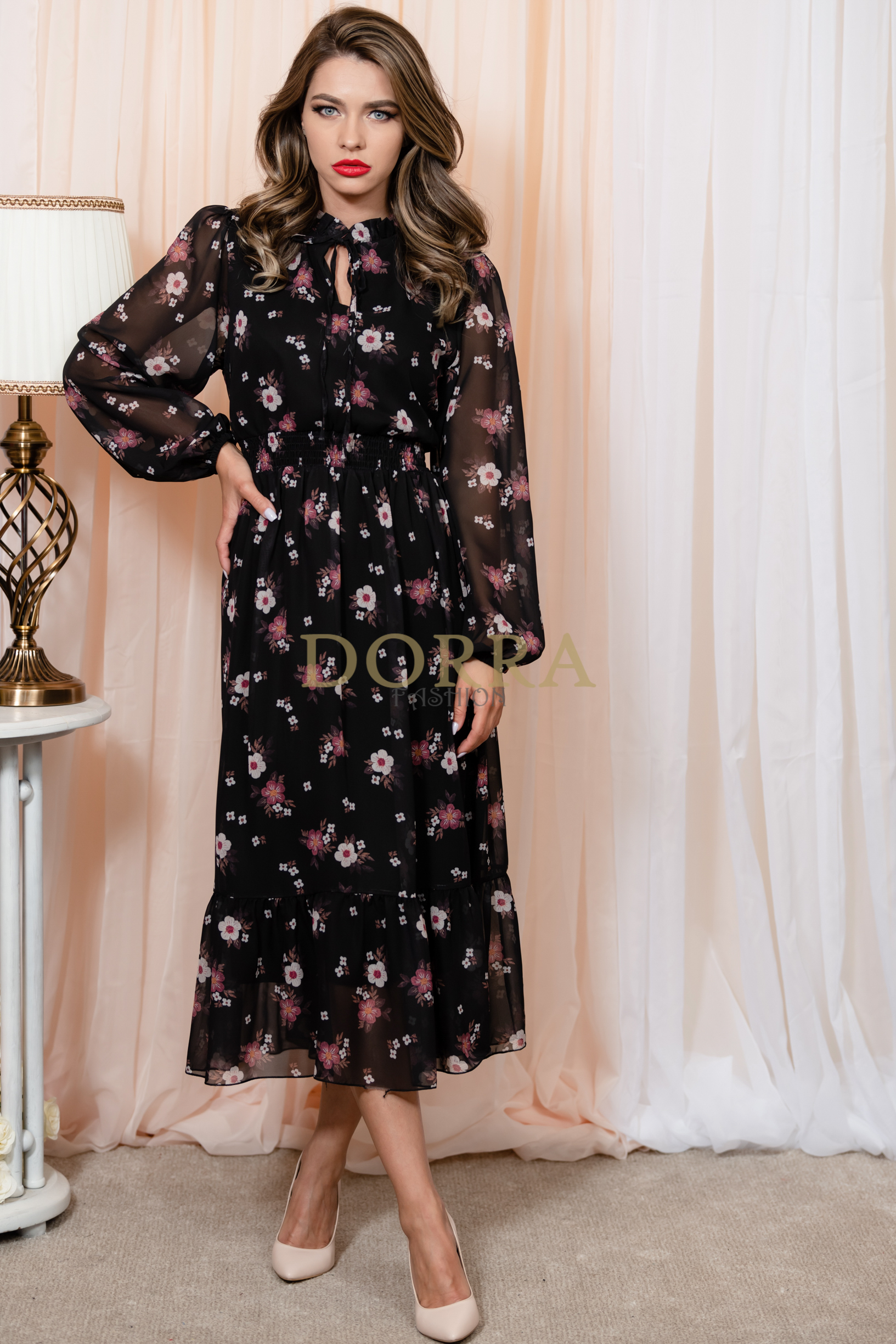 Rochie midi Jade din voal negru cu imprimeu floral - imagine 5