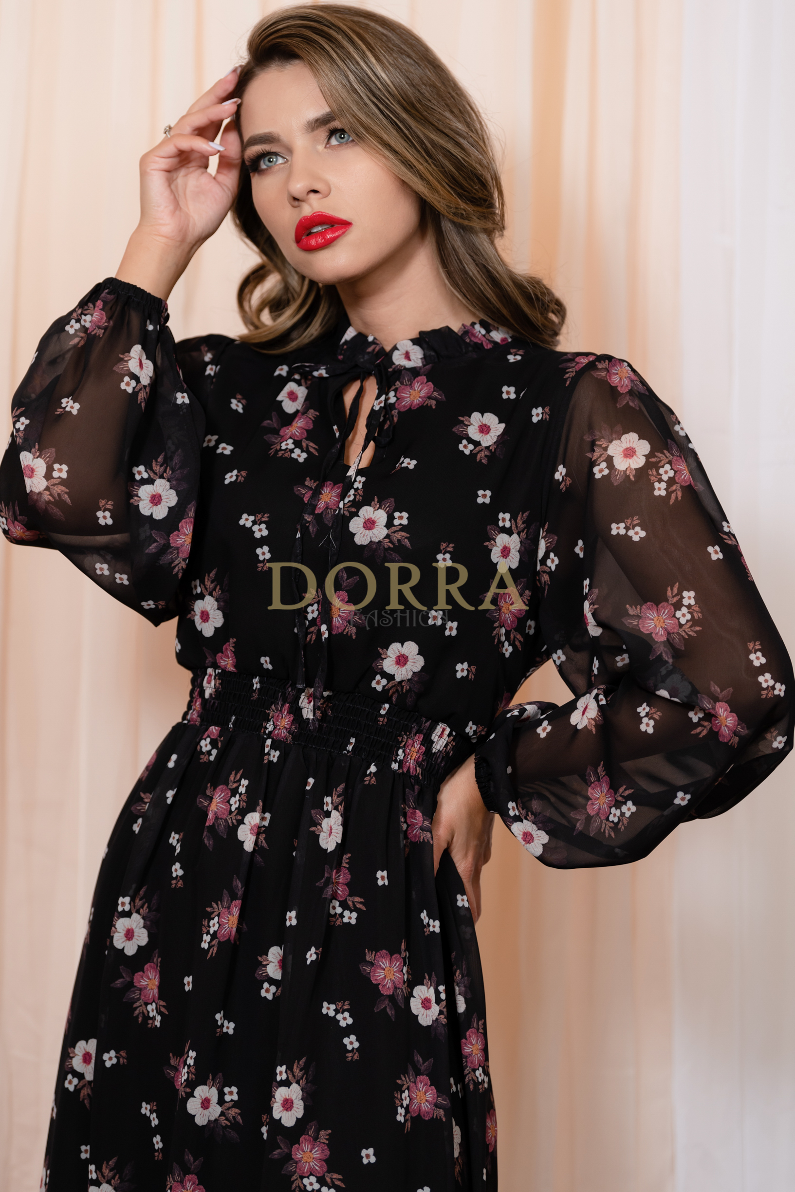 Rochie midi Jade din voal negru cu imprimeu floral - imagine 4