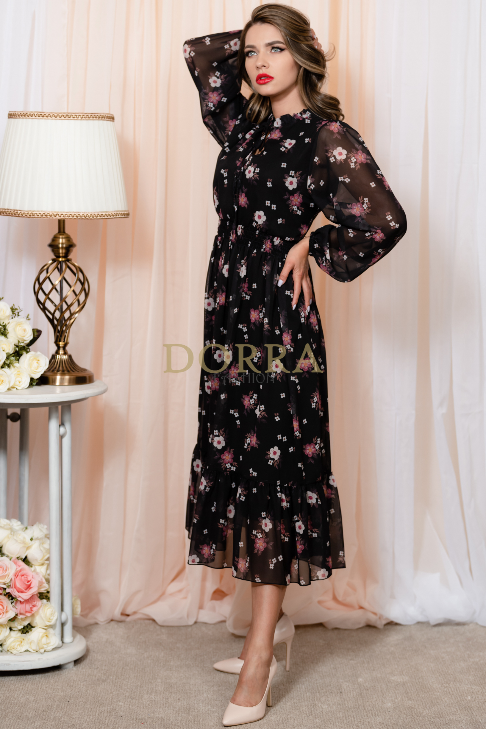 Rochie midi Jade din voal negru cu imprimeu floral - imagine 3