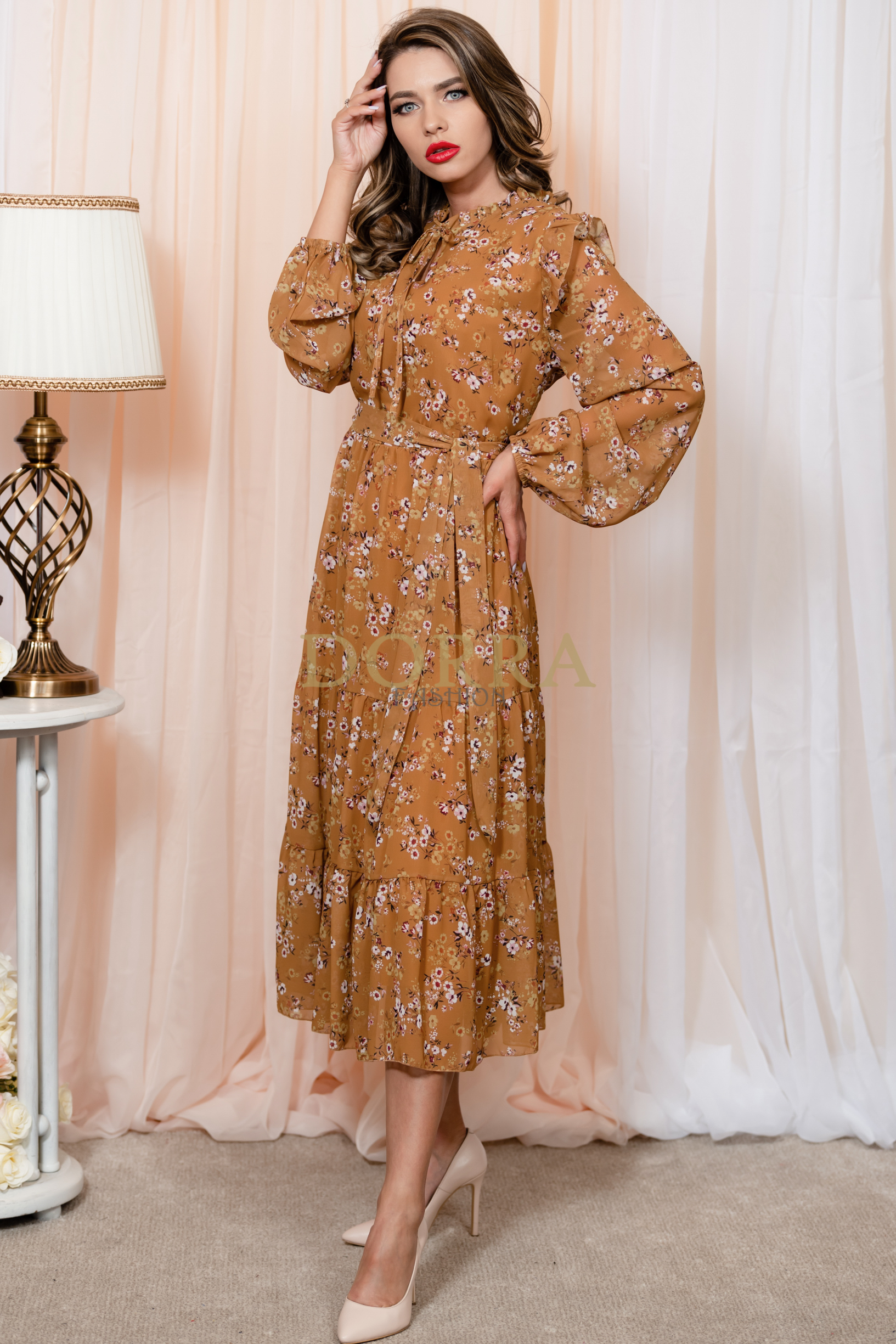 Rochie midi Margarida din voal ocru cu imprimeu floral - imagine 3