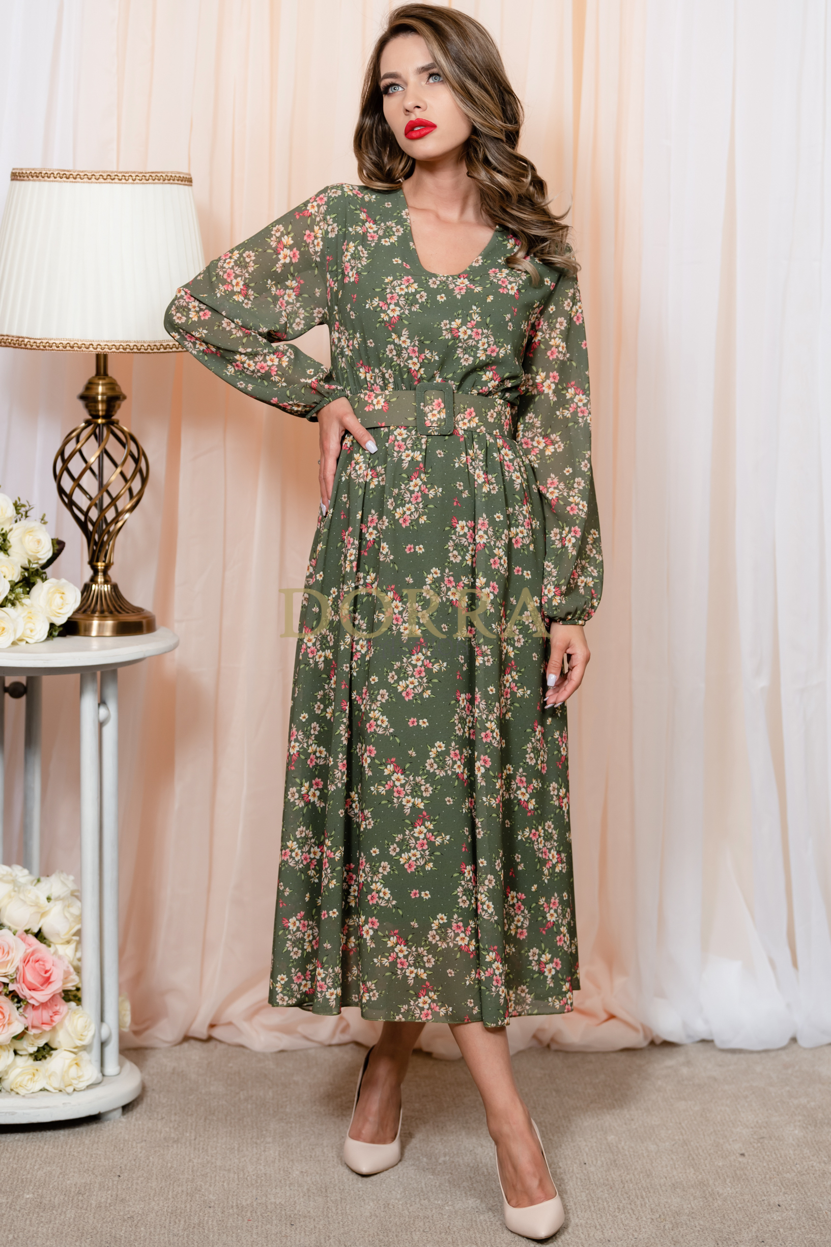 Rochie midi Stella din voal verde cu imprimeu floral și curea - imagine 6