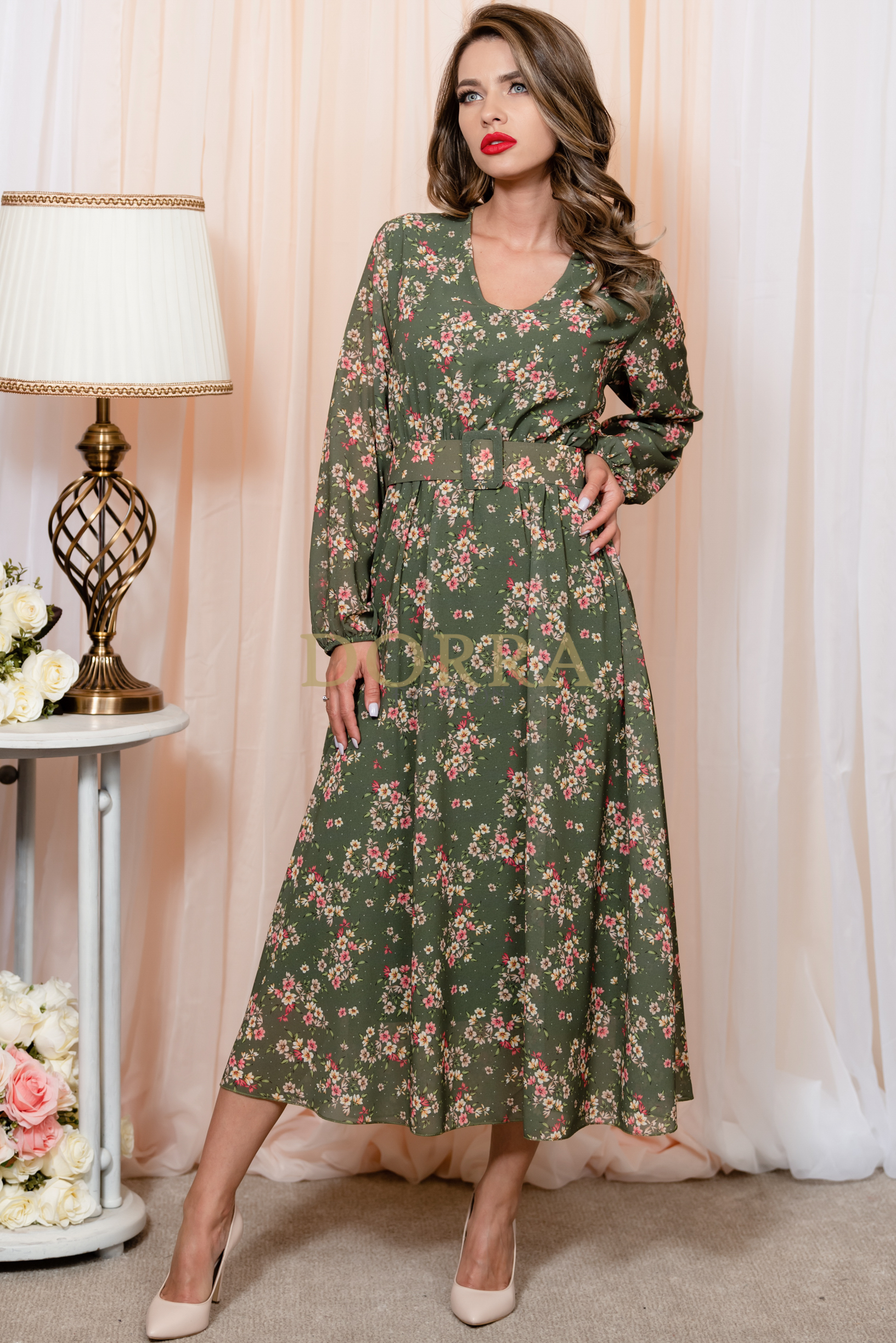 Rochie midi Stella din voal verde cu imprimeu floral și curea - imagine 5