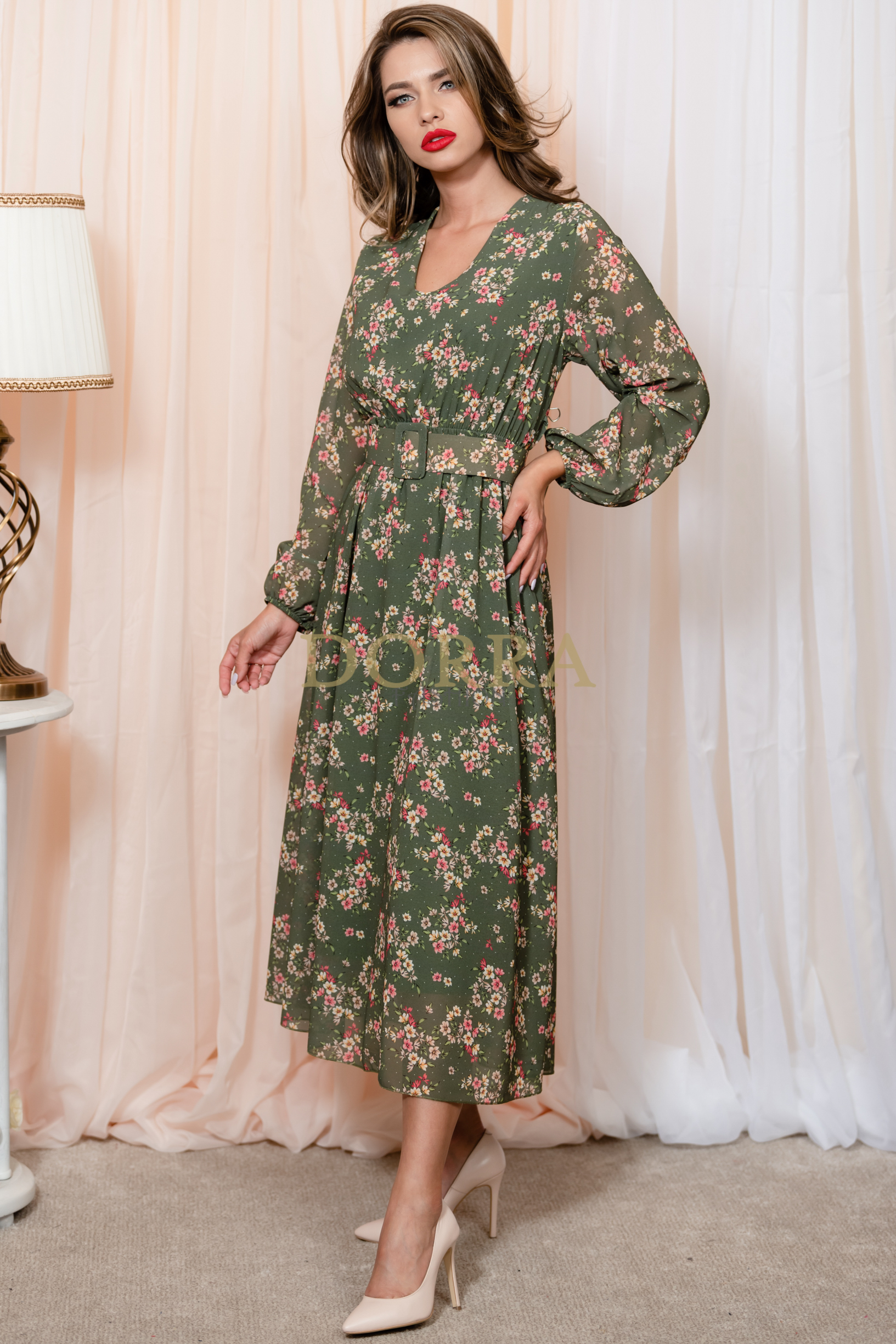 Rochie midi Stella din voal verde cu imprimeu floral și curea - imagine 3