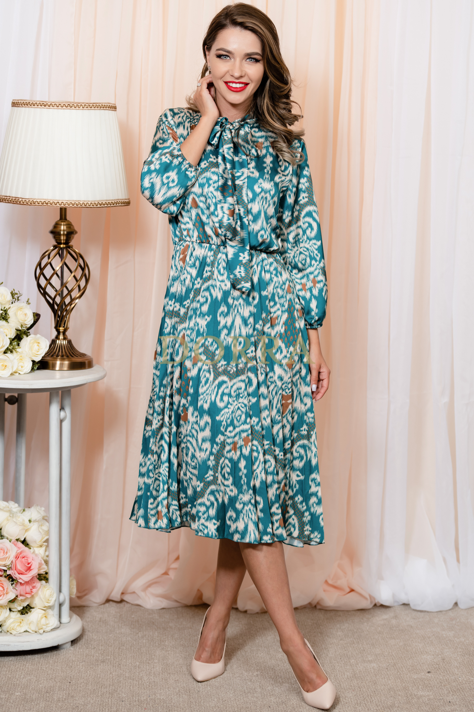 Rochie Arina din tripluvoal satinat turcoaz cu fustă plisată - imagine 5