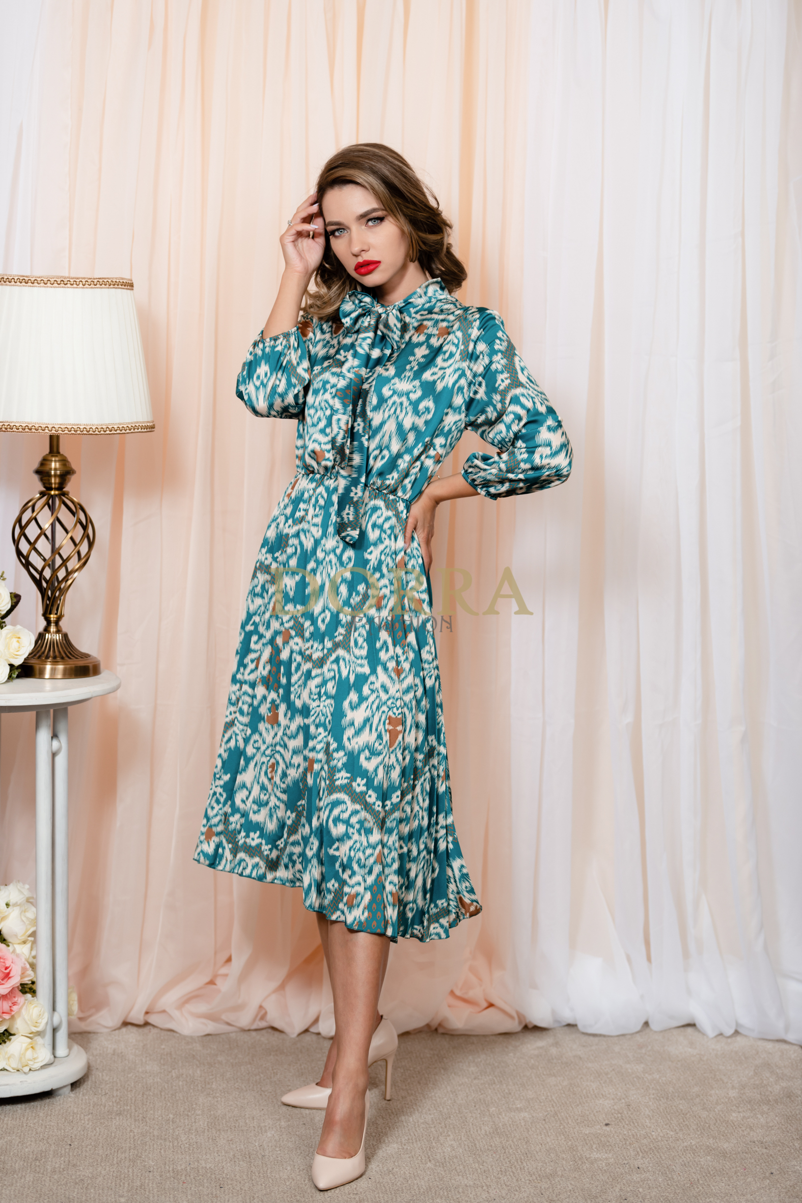 Rochie Arina din tripluvoal satinat turcoaz cu fustă plisată - imagine 3
