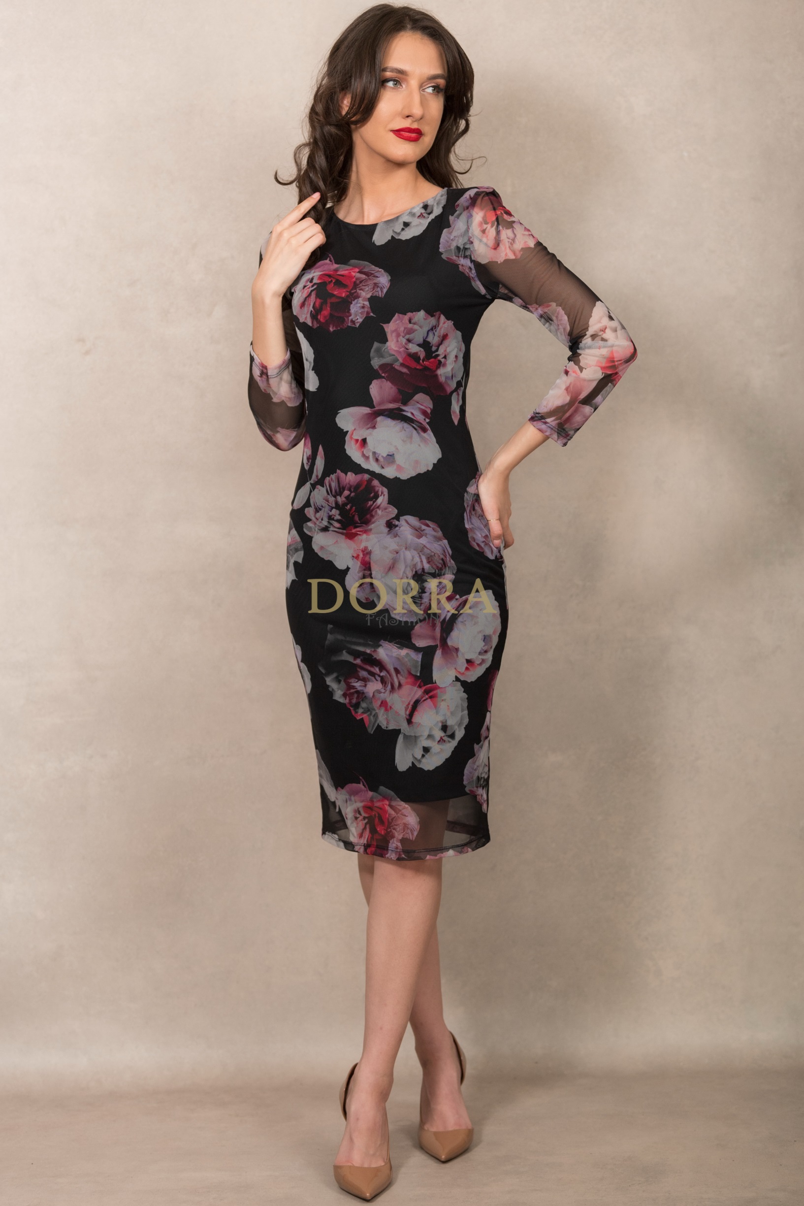 Rochie cocktail Rose din voal negru cu imprimeu floral