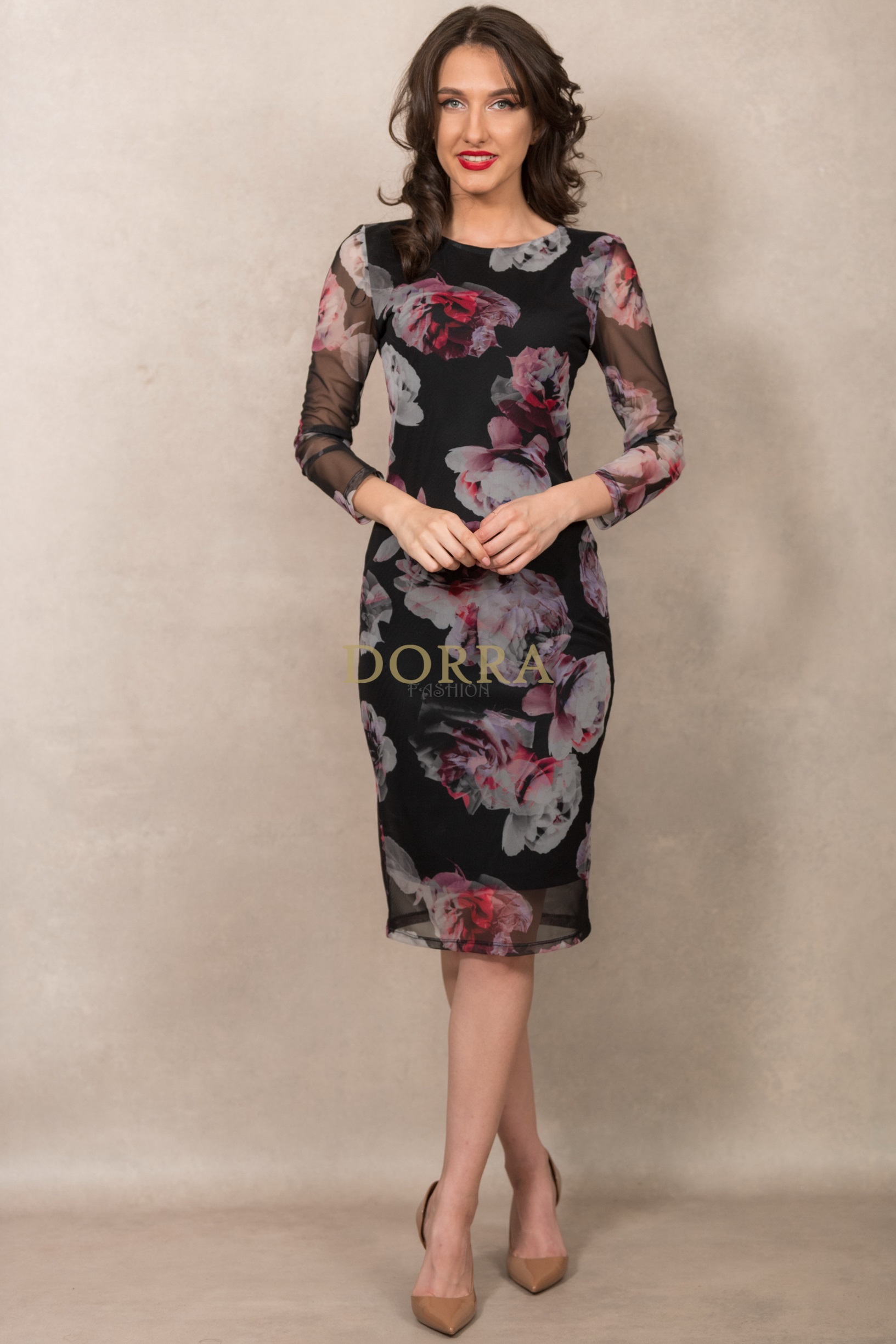 Rochie cocktail Rose din voal negru cu imprimeu floral - imagine 5