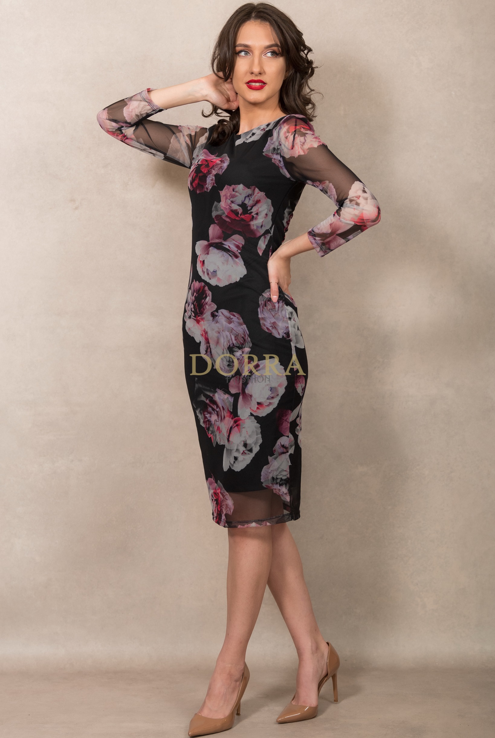 Rochie cocktail Rose din voal negru cu imprimeu floral - imagine 3