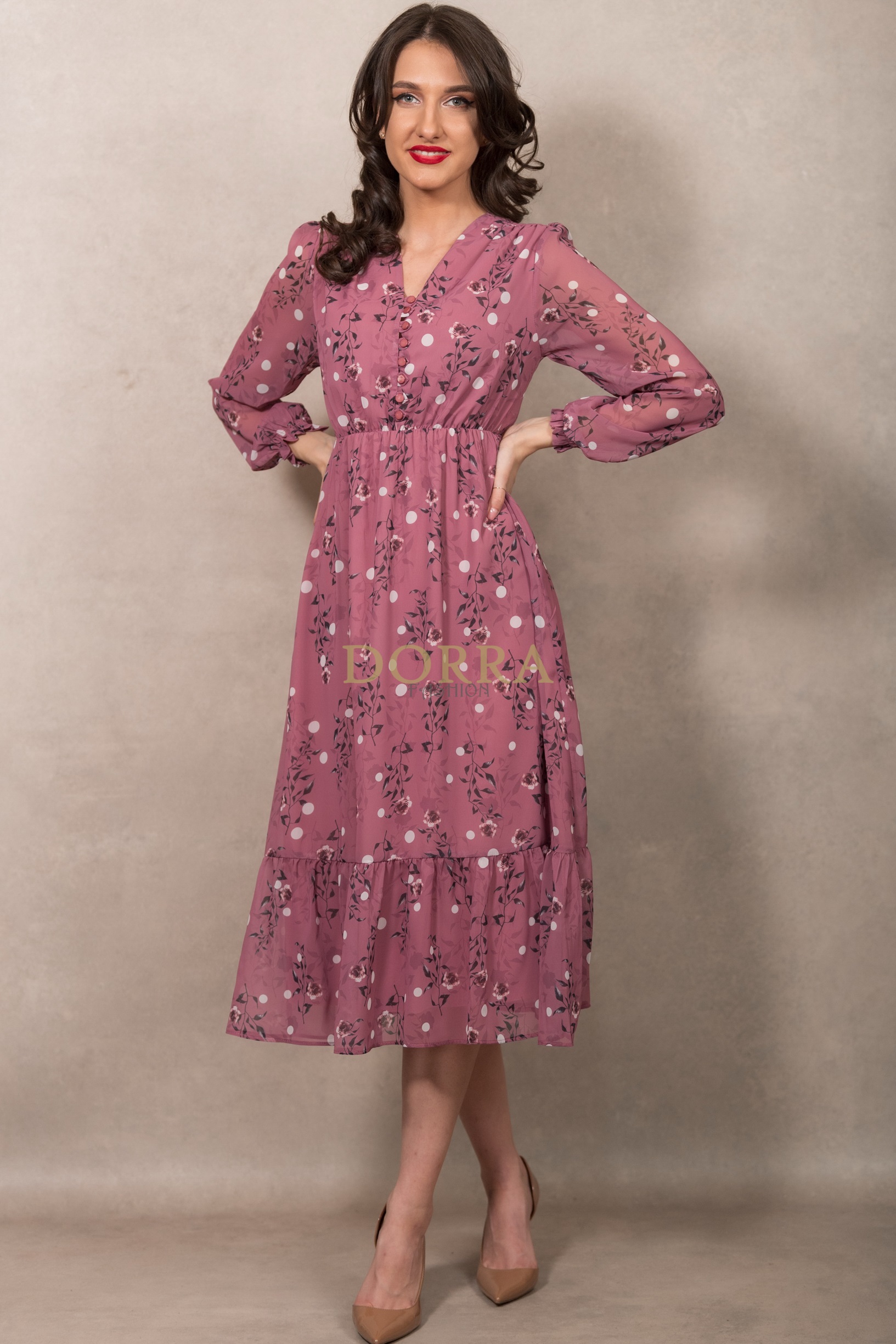 Rochie midi Kimberly din voal roz închis cu imprimeu floral - imagine 6