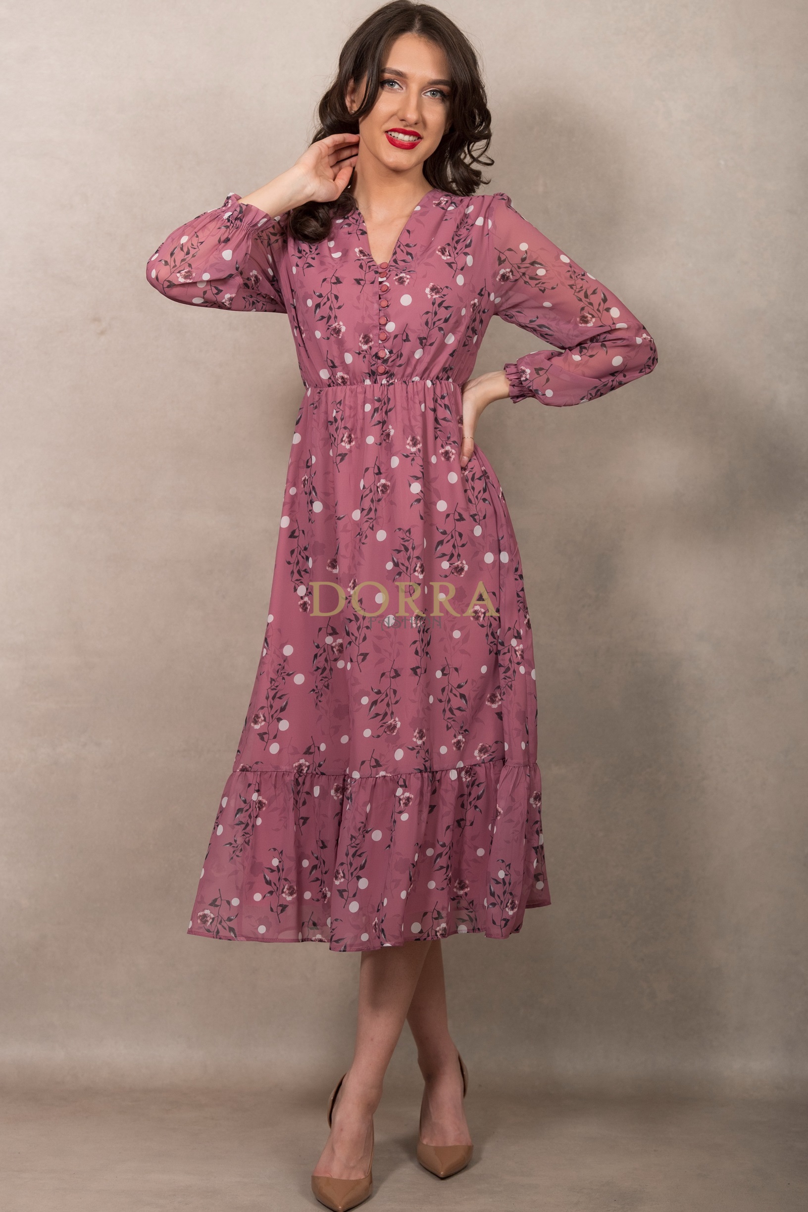 Rochie midi Kimberly din voal roz închis cu imprimeu floral