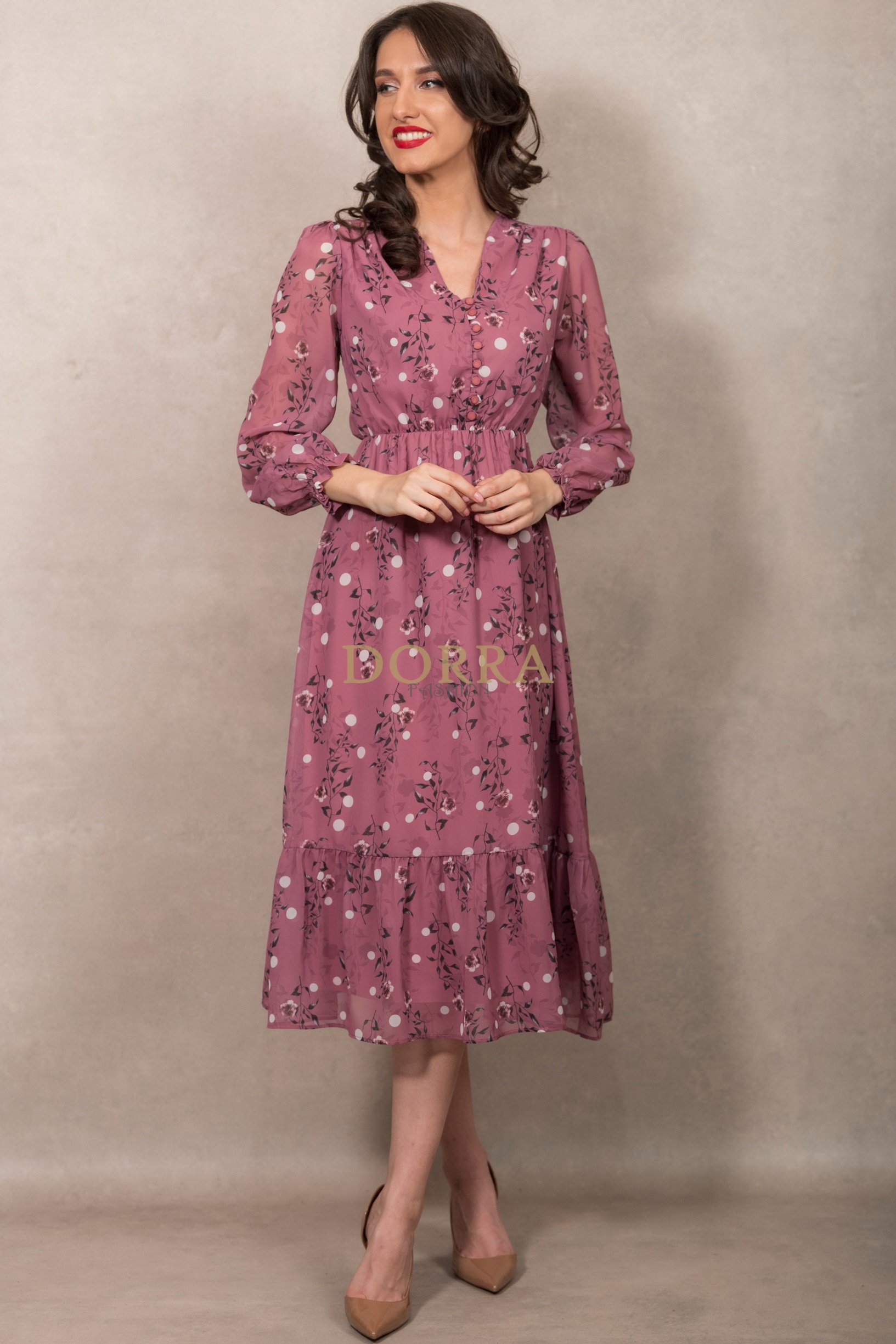 Rochie midi Kimberly din voal roz închis cu imprimeu floral - imagine 5