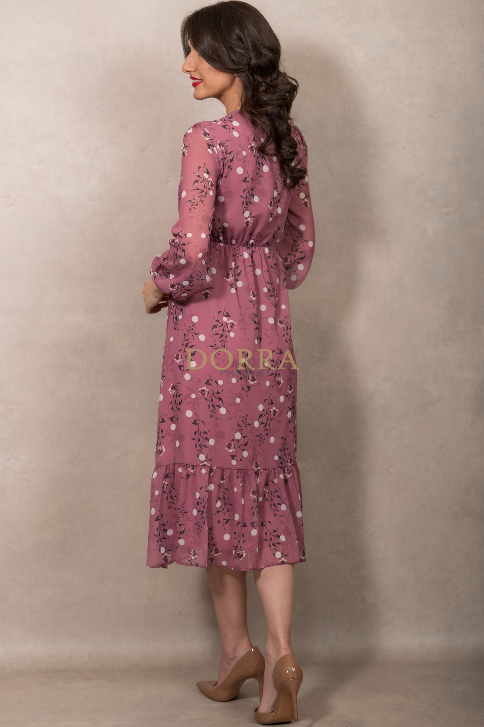 Rochie midi Kimberly din voal roz închis cu imprimeu floral - imagine 2