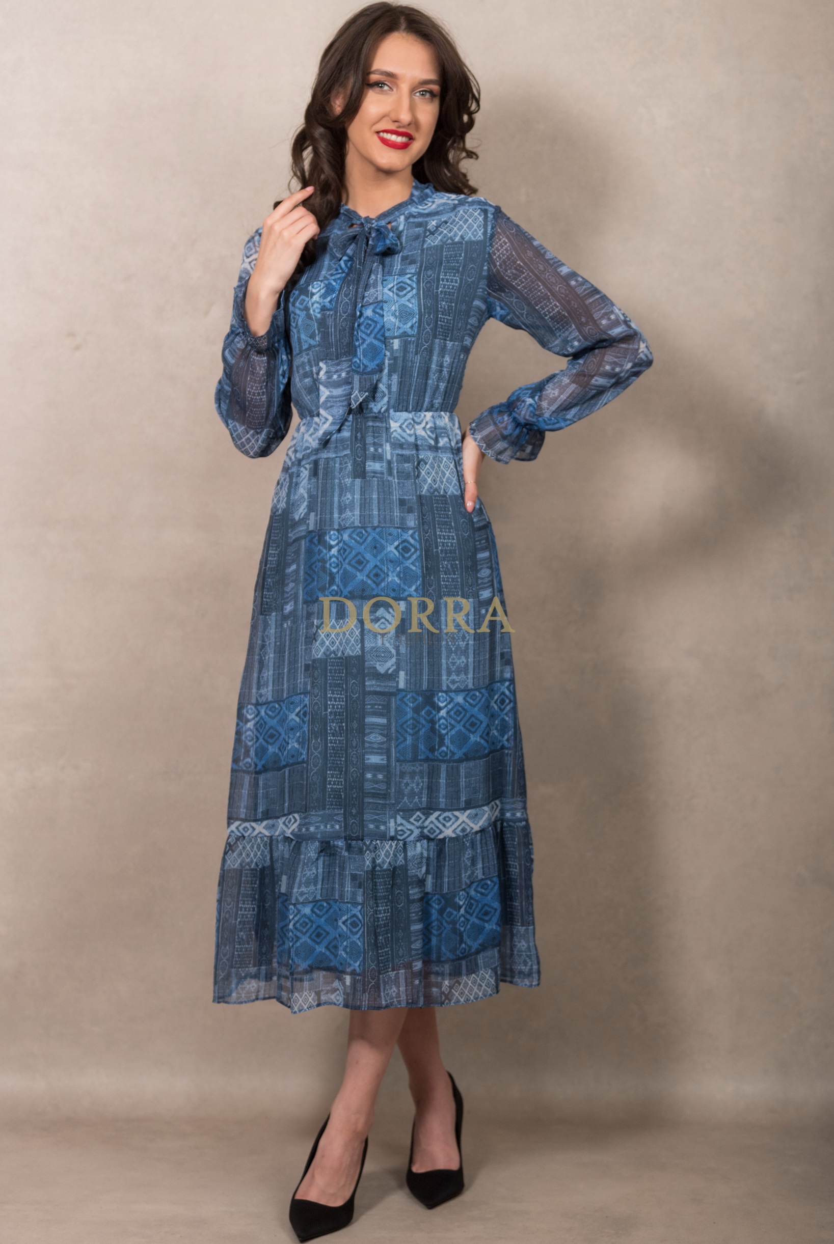 Rochie midi Medeira din voal albastru imprimat - imagine 5