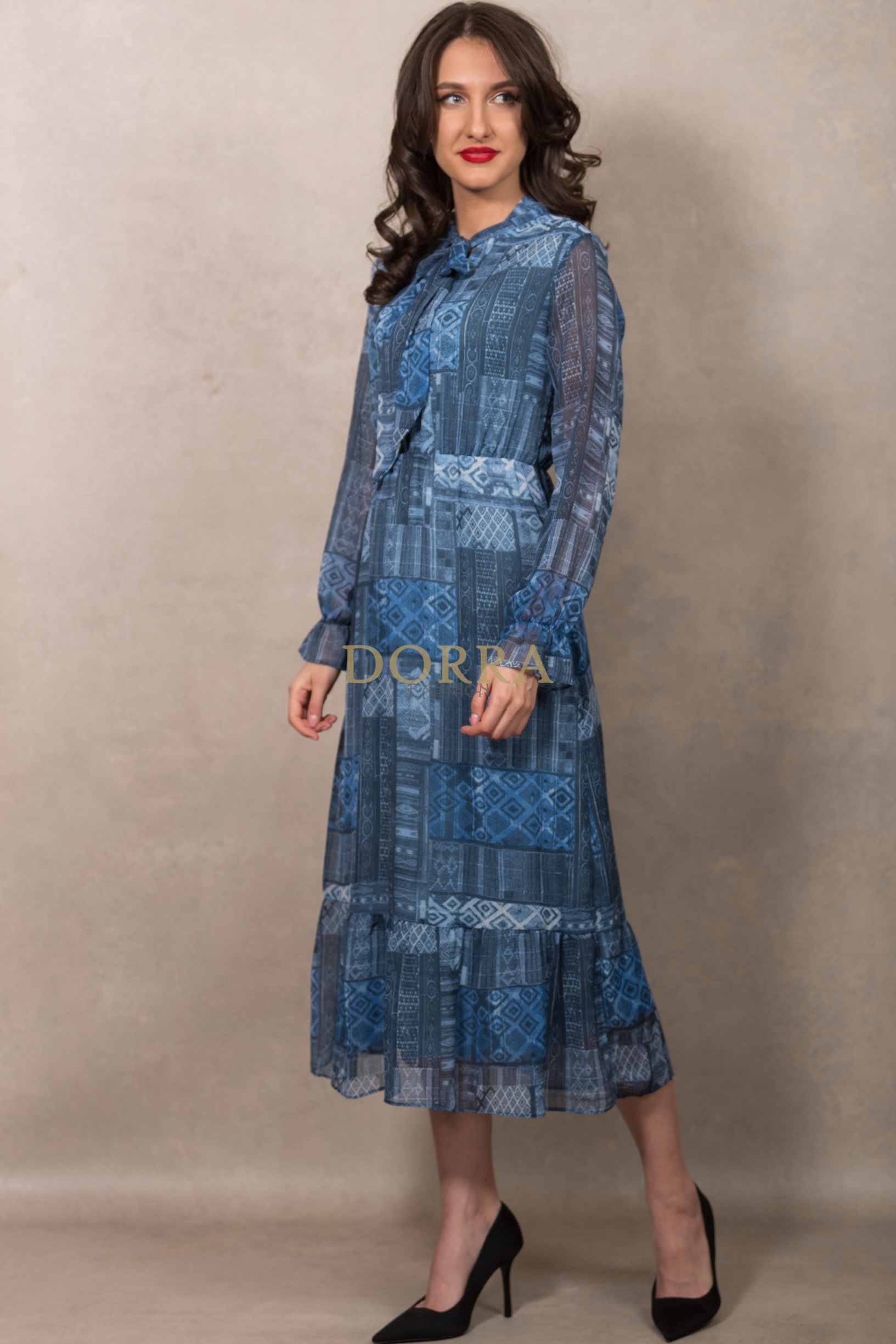 Rochie midi Medeira din voal albastru imprimat - imagine 3