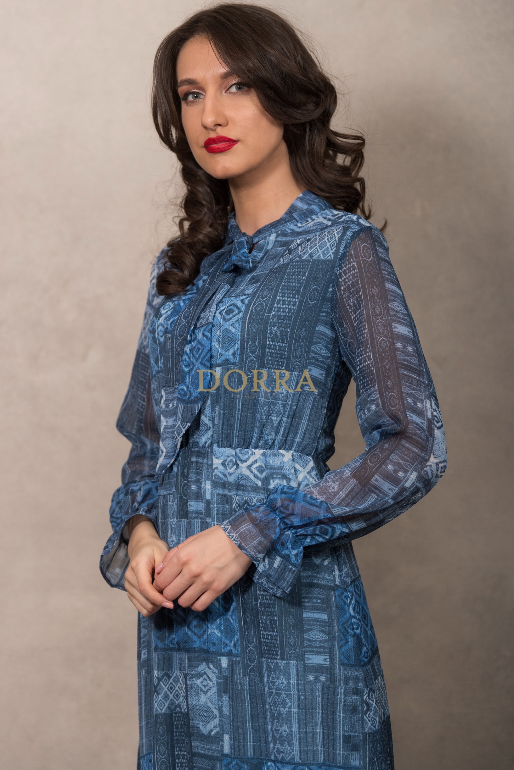 Rochie midi Medeira din voal albastru imprimat - imagine 4