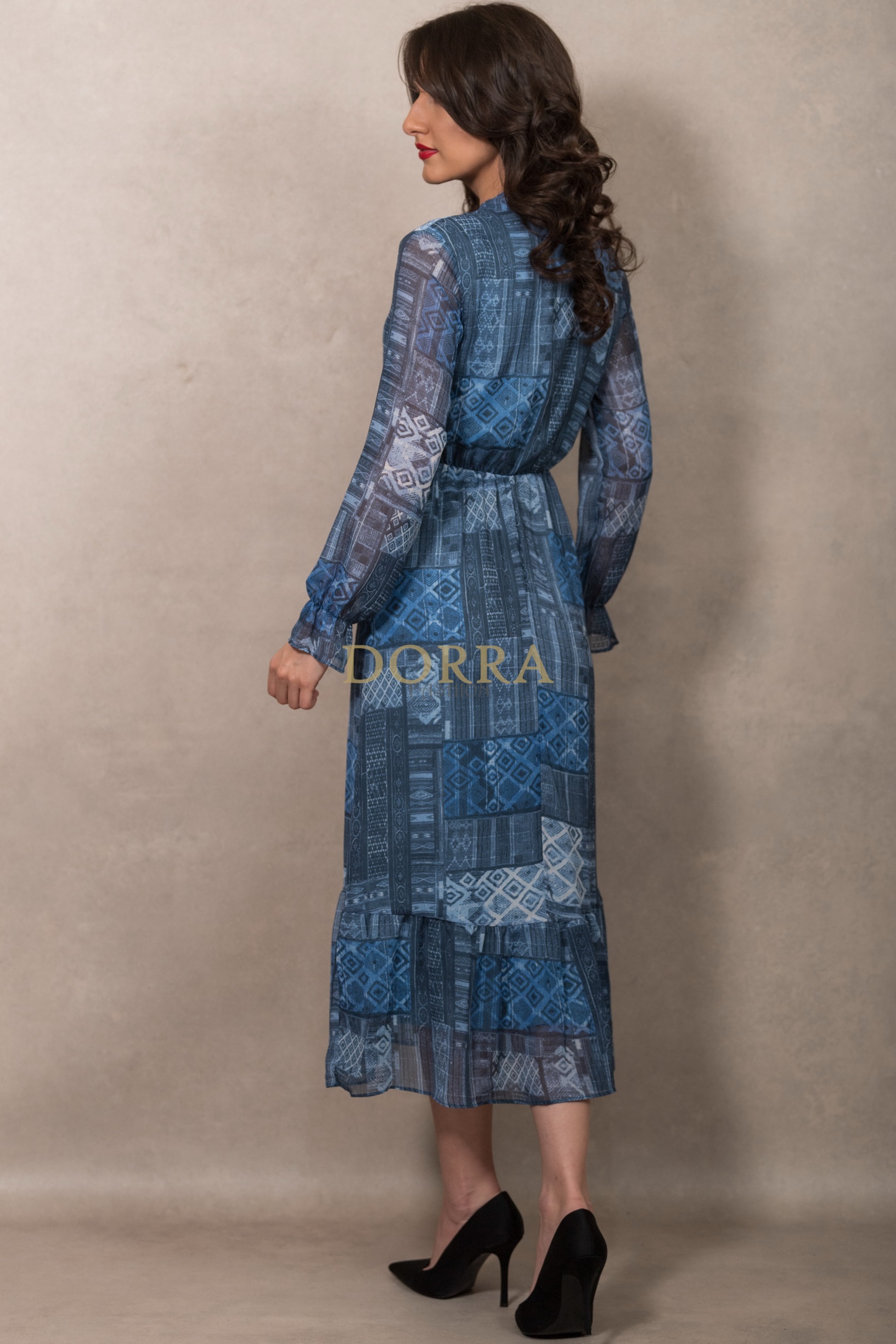Rochie midi Medeira din voal albastru imprimat - imagine 2