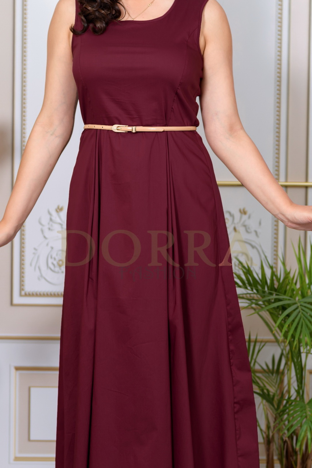 Rochie midi Zoia din bumbac grena cu pliuri în talie - imagine 4