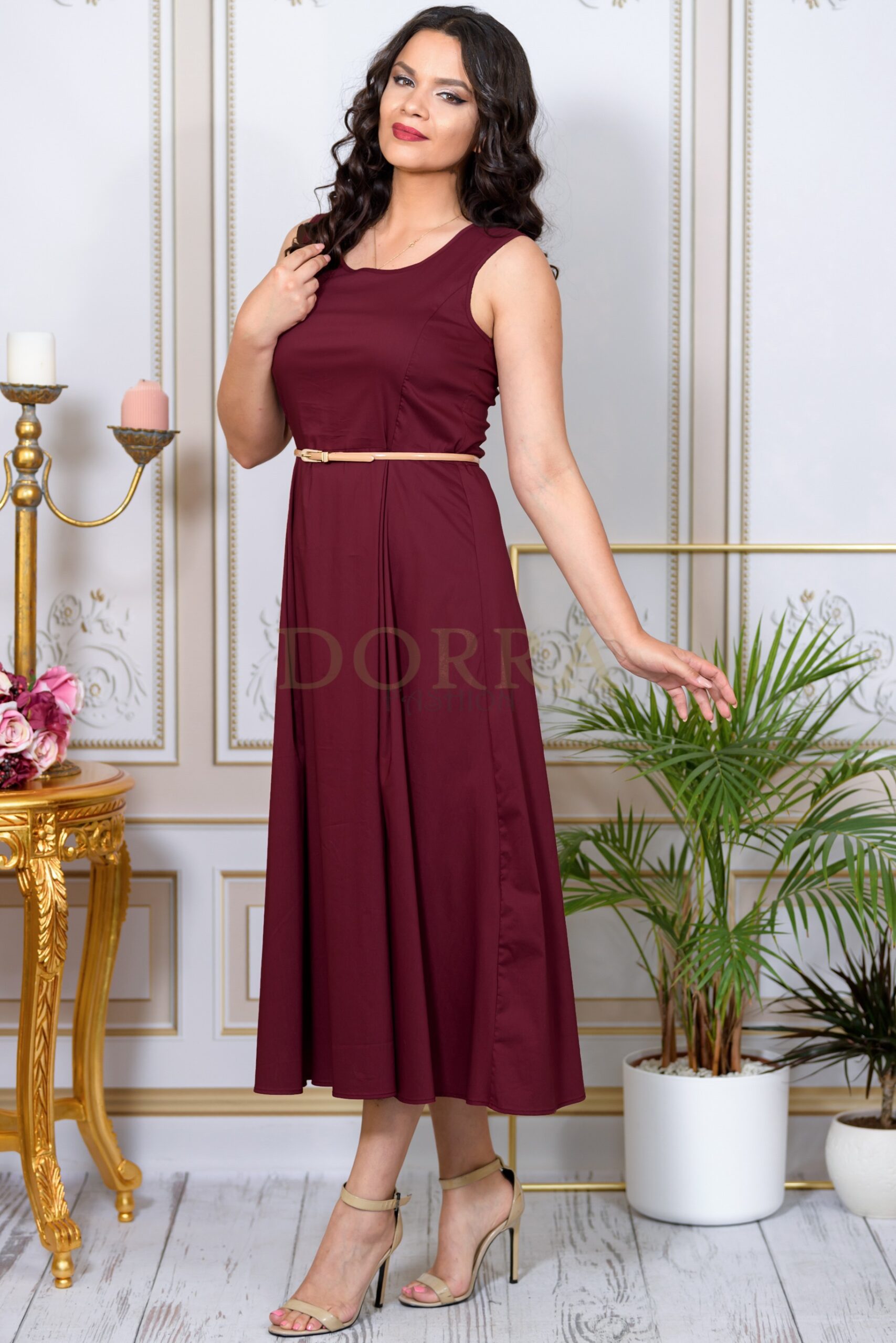 Rochie midi Zoia din bumbac grena cu pliuri în talie - imagine 3