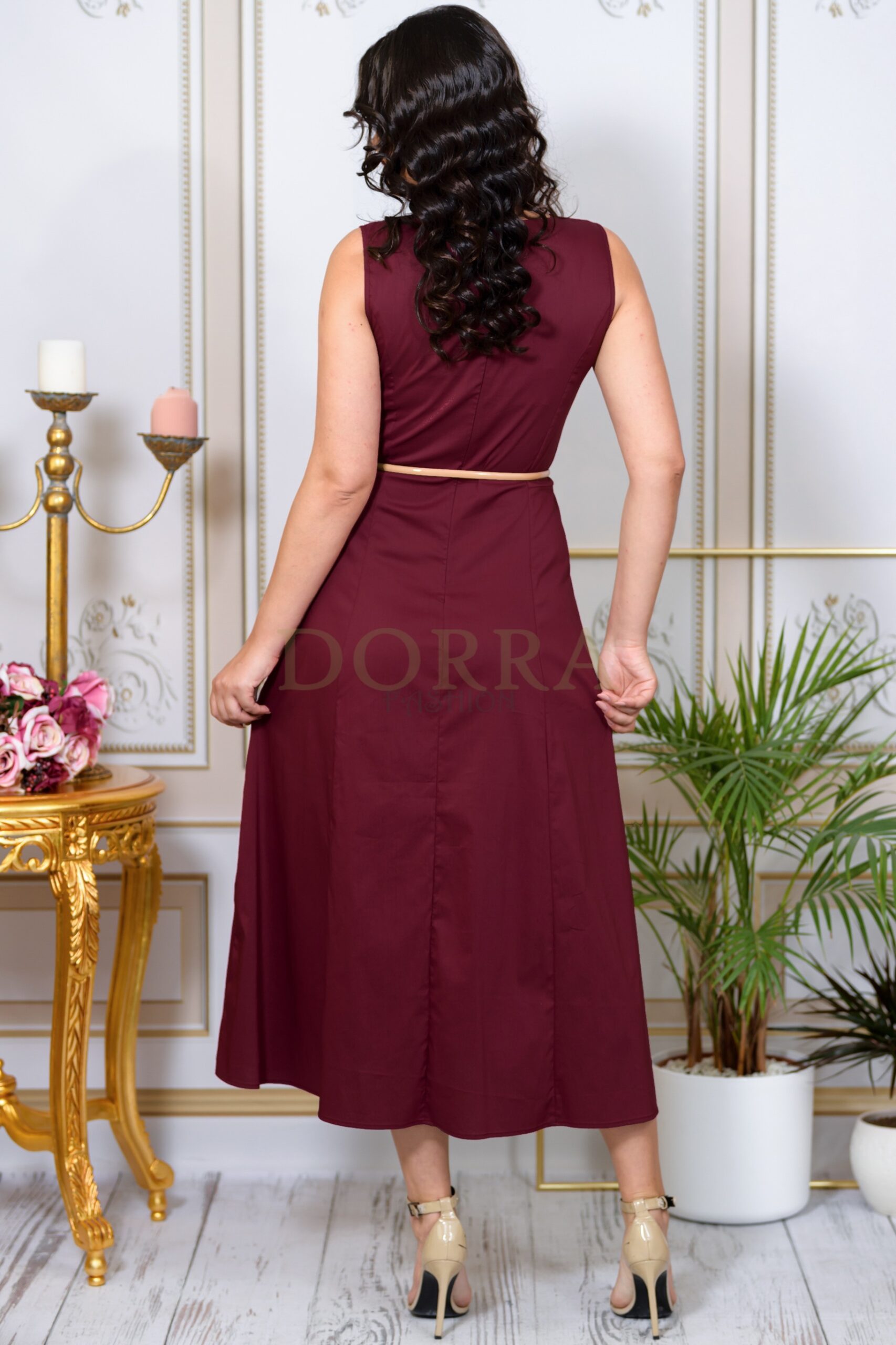 Rochie midi Zoia din bumbac grena cu pliuri în talie - imagine 2