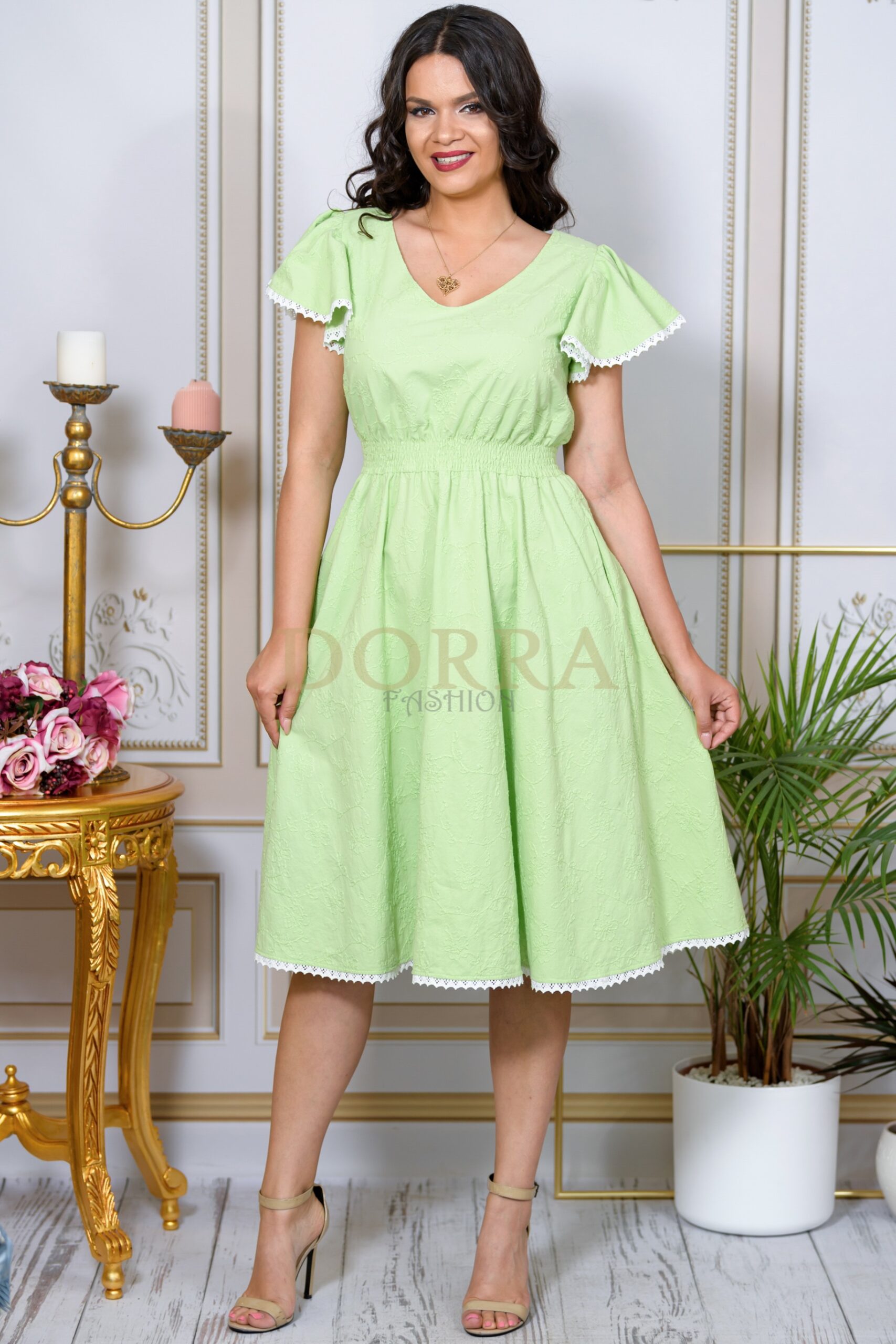 Rochie Roberta din bumbac vernil cu broderie florală
