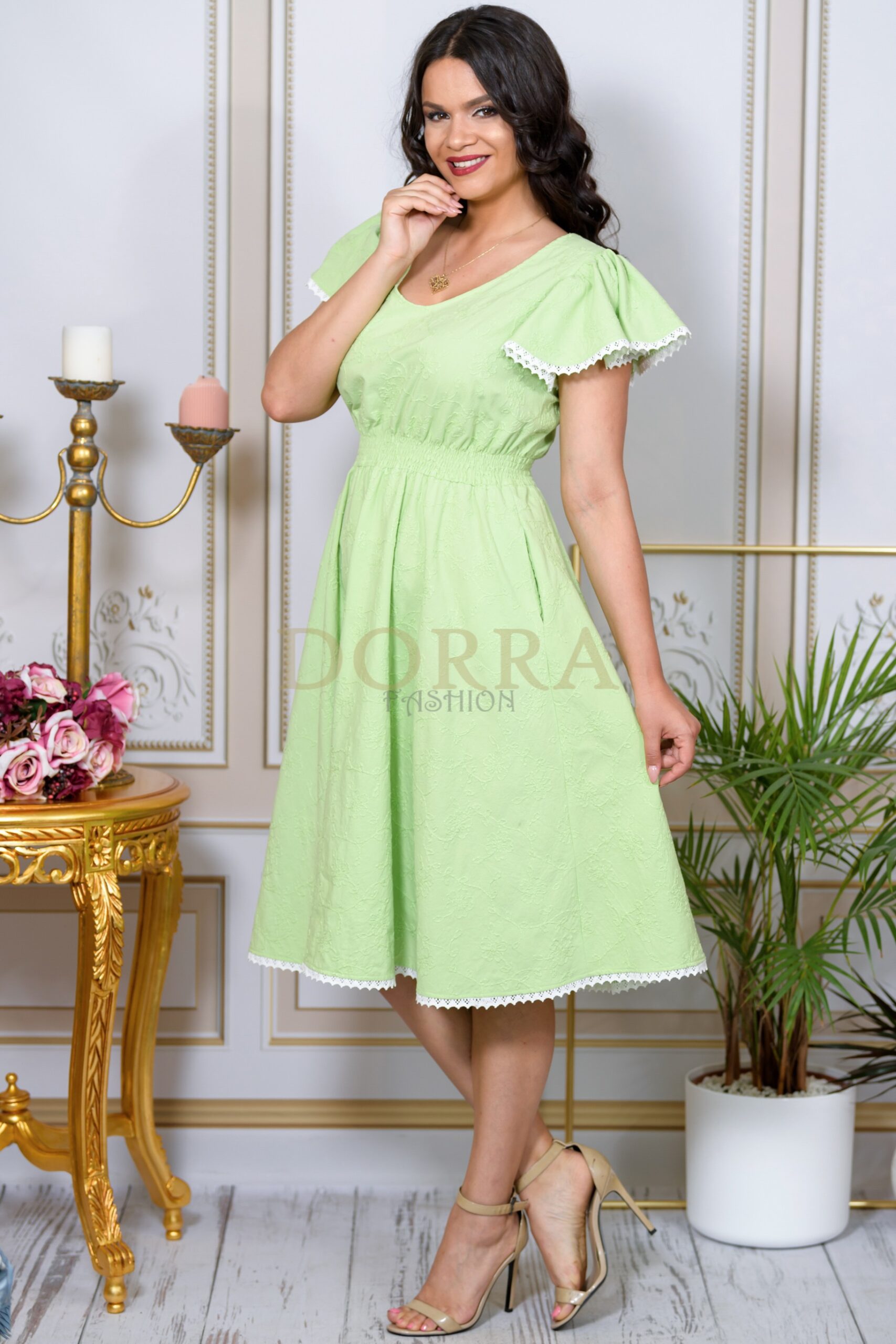 Rochie Roberta din bumbac vernil cu broderie florală - imagine 3