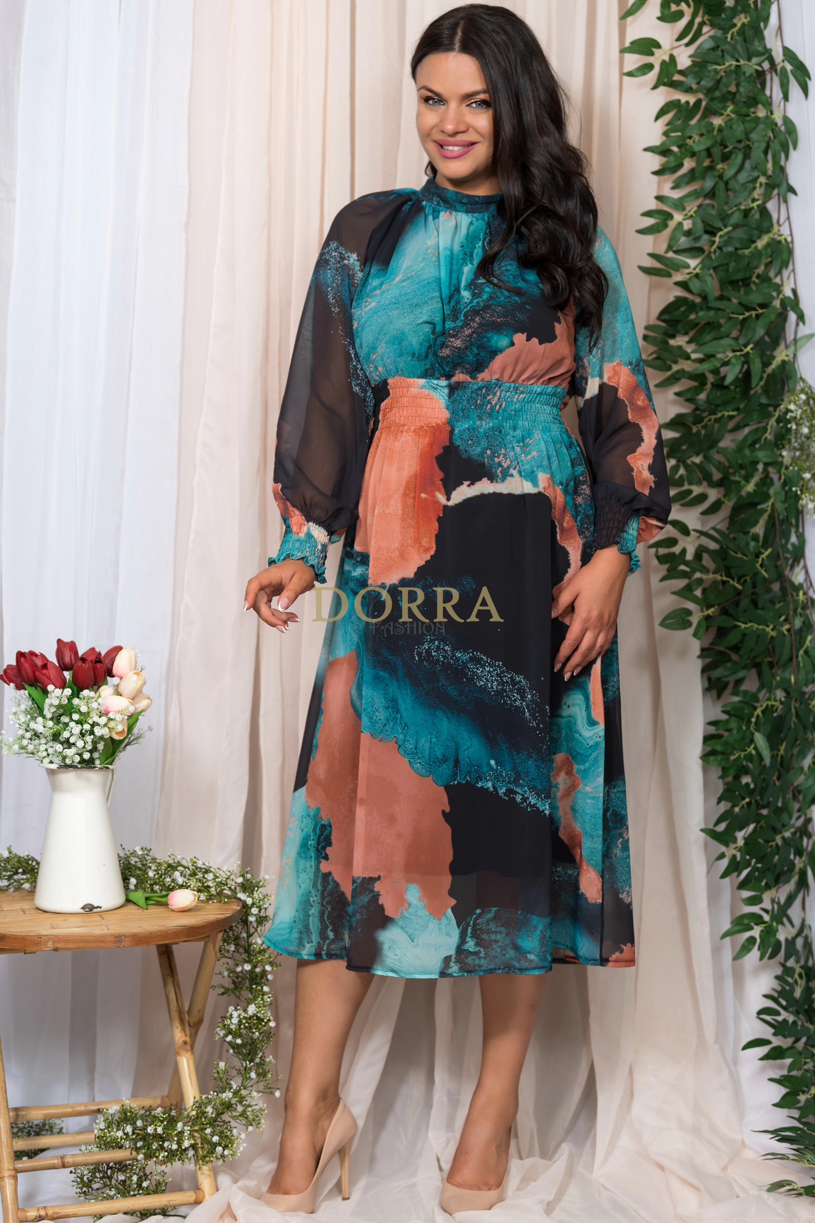 Rochie midi Cleo din voal turcoaz cu cărămiziu - imagine 4