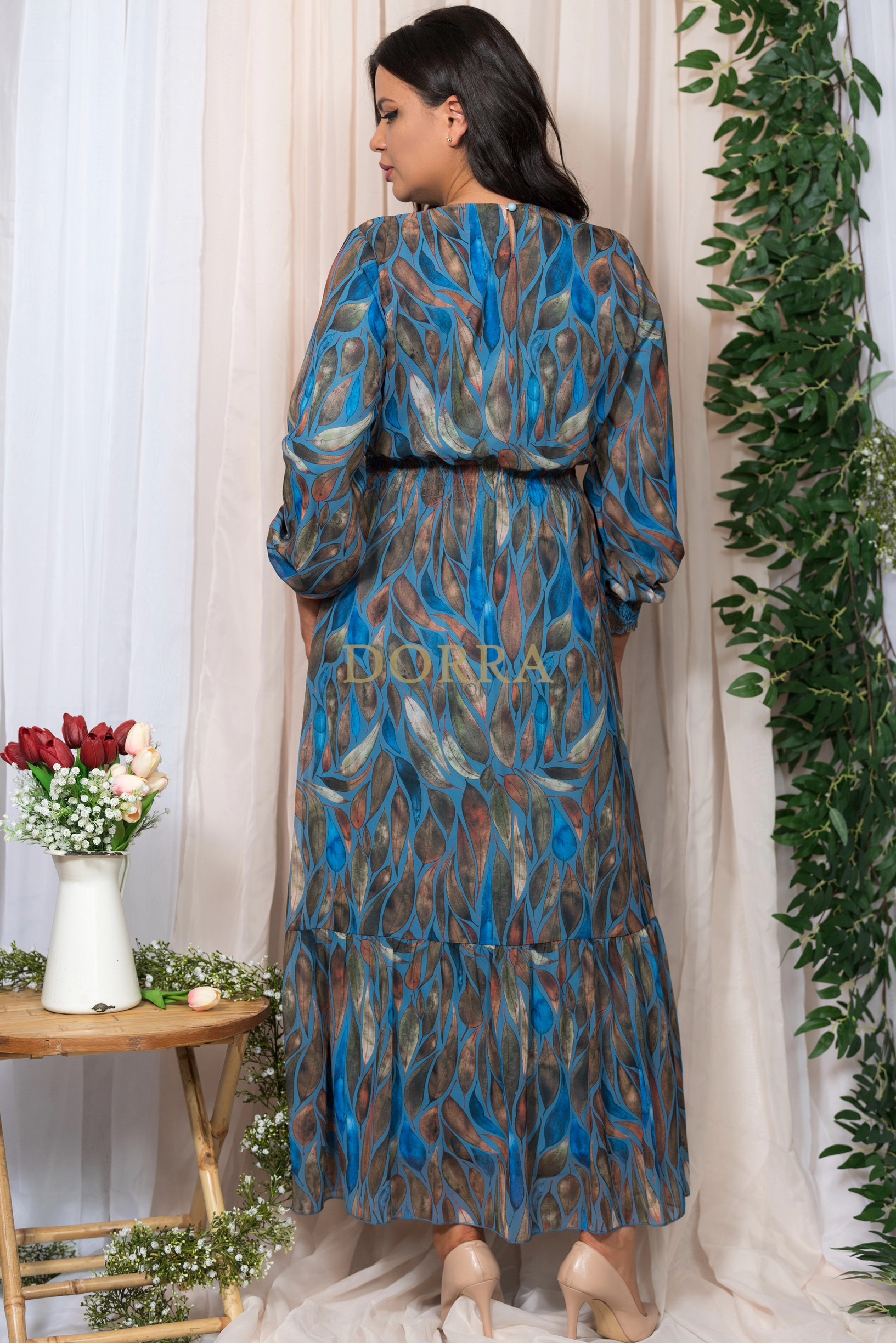 Rochie lungă Mozaic din voal bleu cu imprimeu frunze - imagine 2