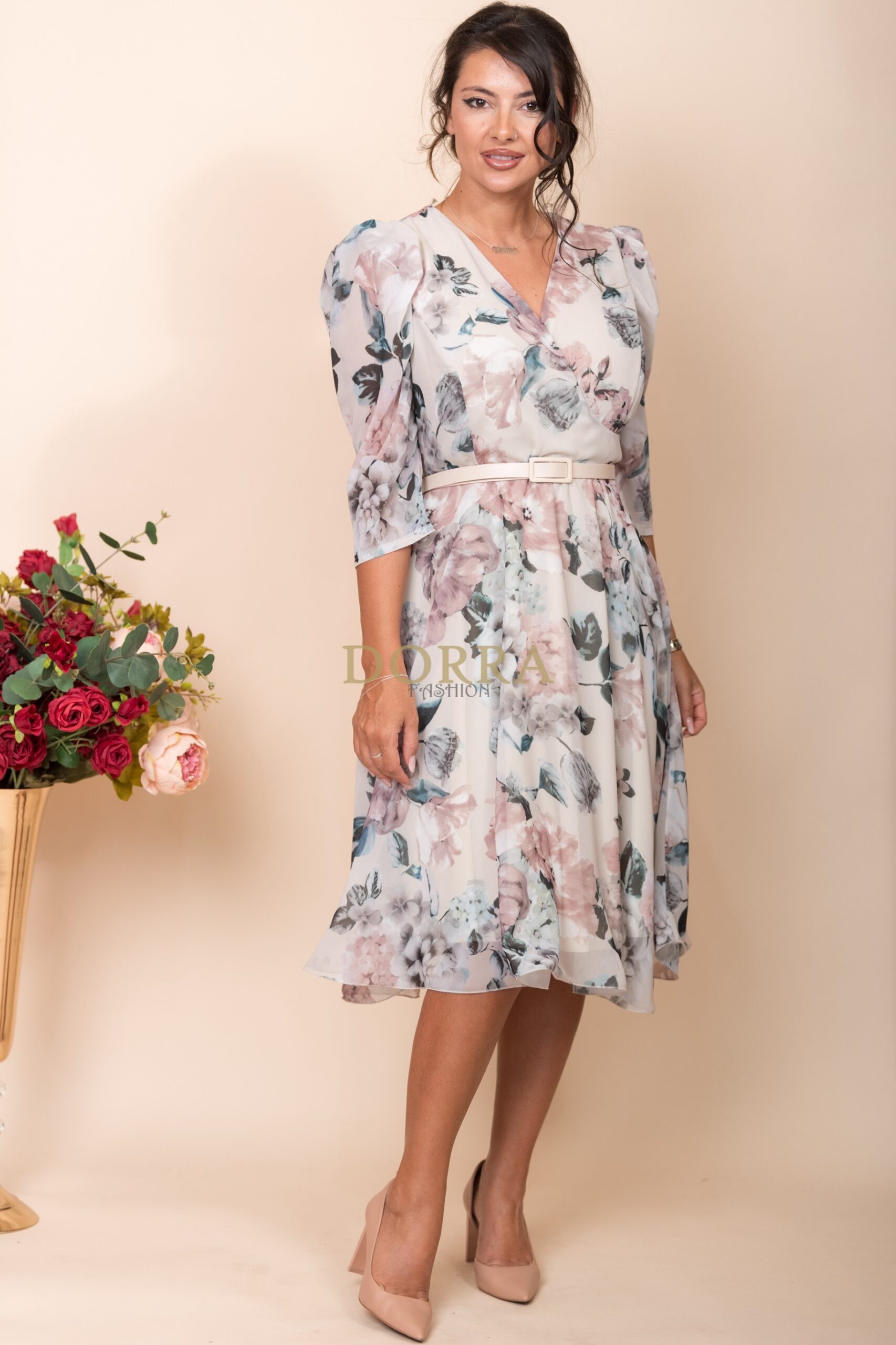 Rochie Adelle din voal bej cu imprimeu floral și curea - imagine 6