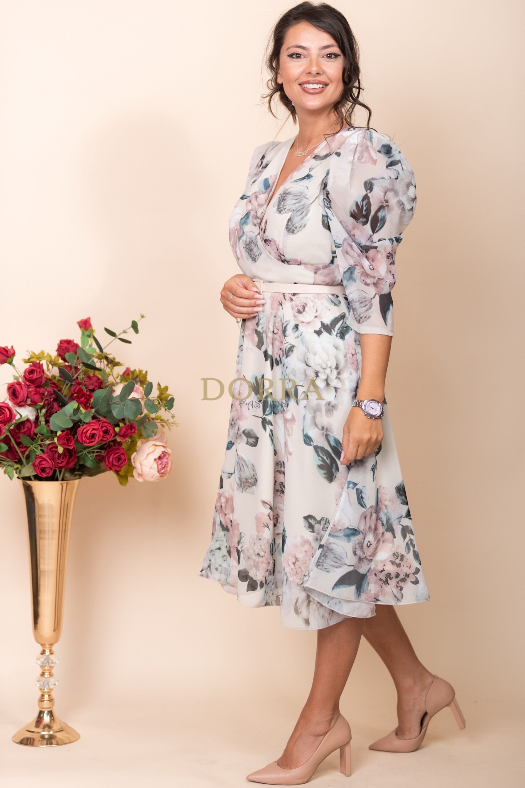 Rochie Adelle din voal bej cu imprimeu floral și curea - imagine 3