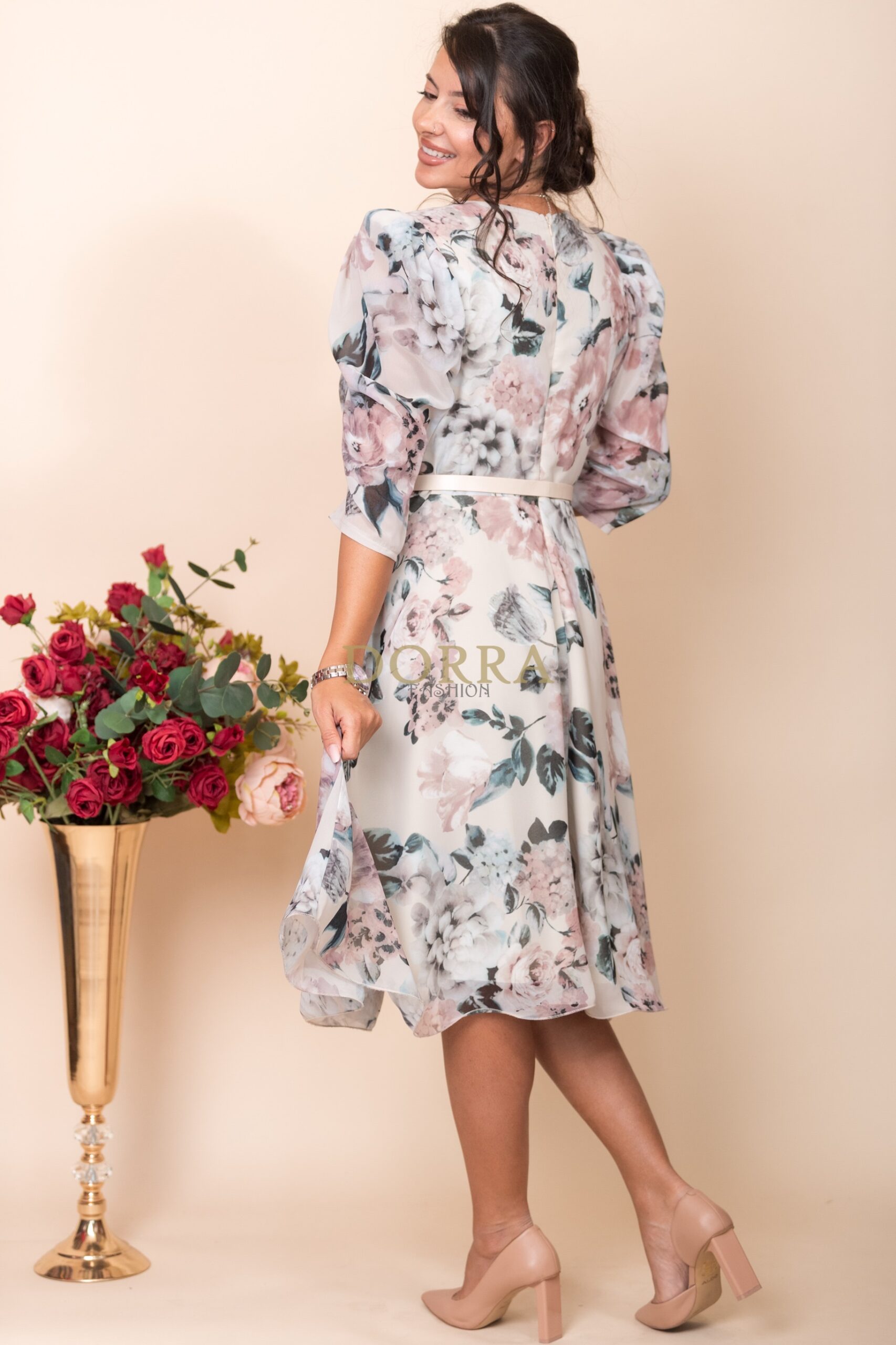 Rochie Adelle din voal bej cu imprimeu floral și curea - imagine 2
