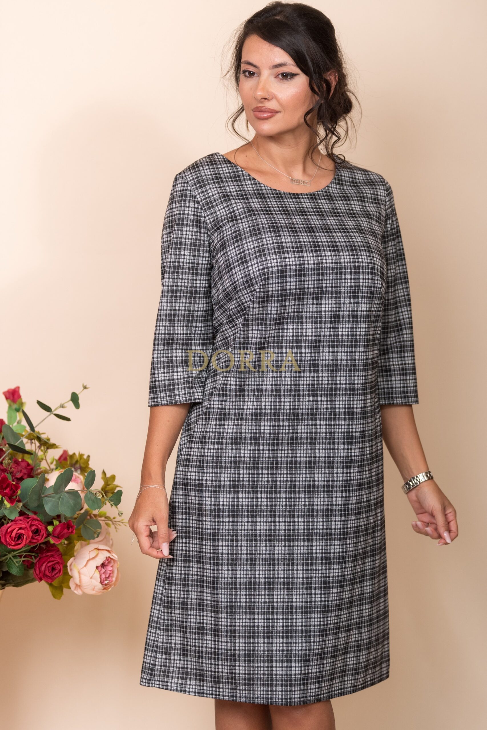 Rochie office Anais din stofă în carouri alb-negru cu buzunare - imagine 6