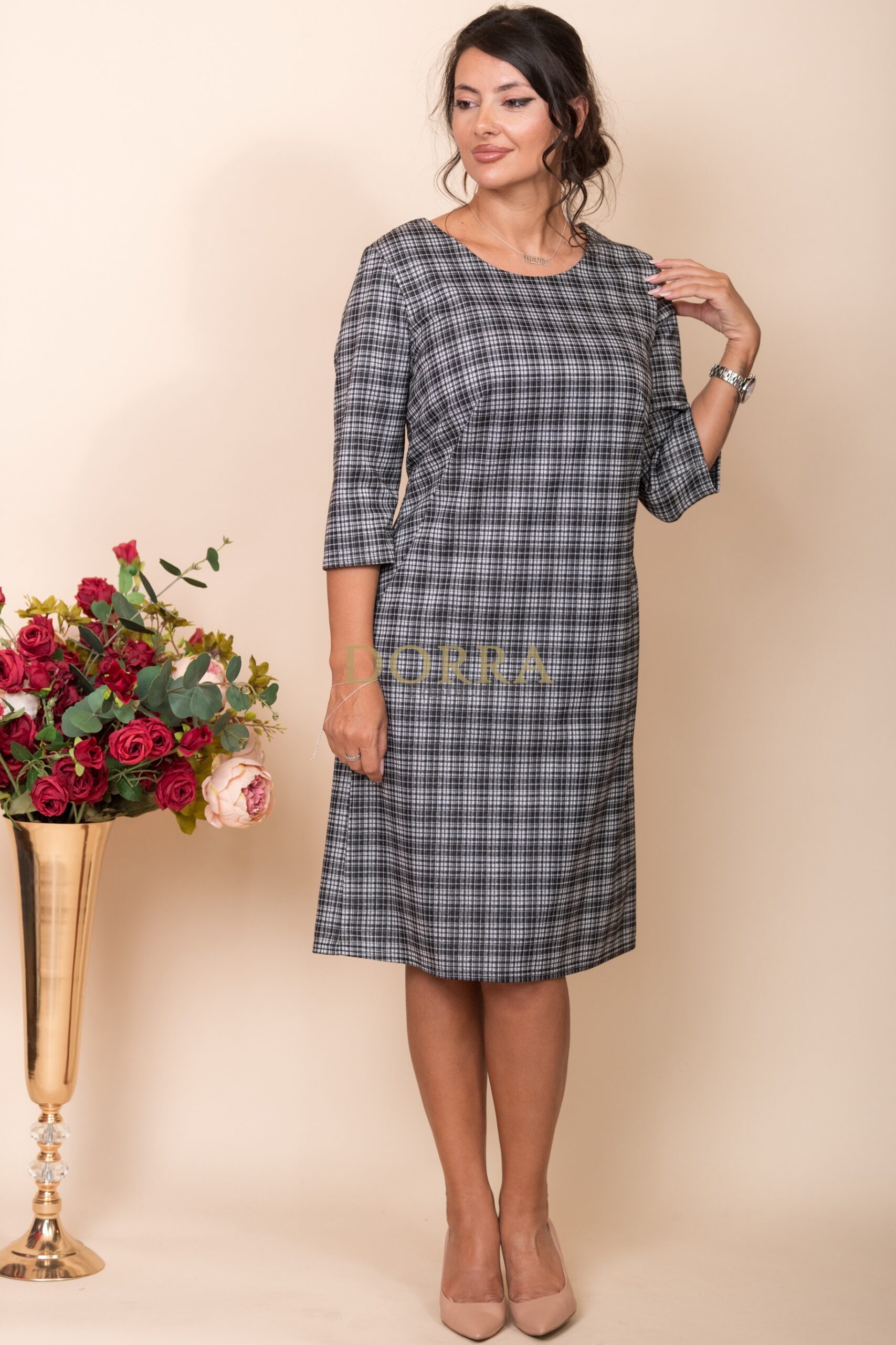 Rochie office Anais din stofă în carouri alb-negru cu buzunare - imagine 5