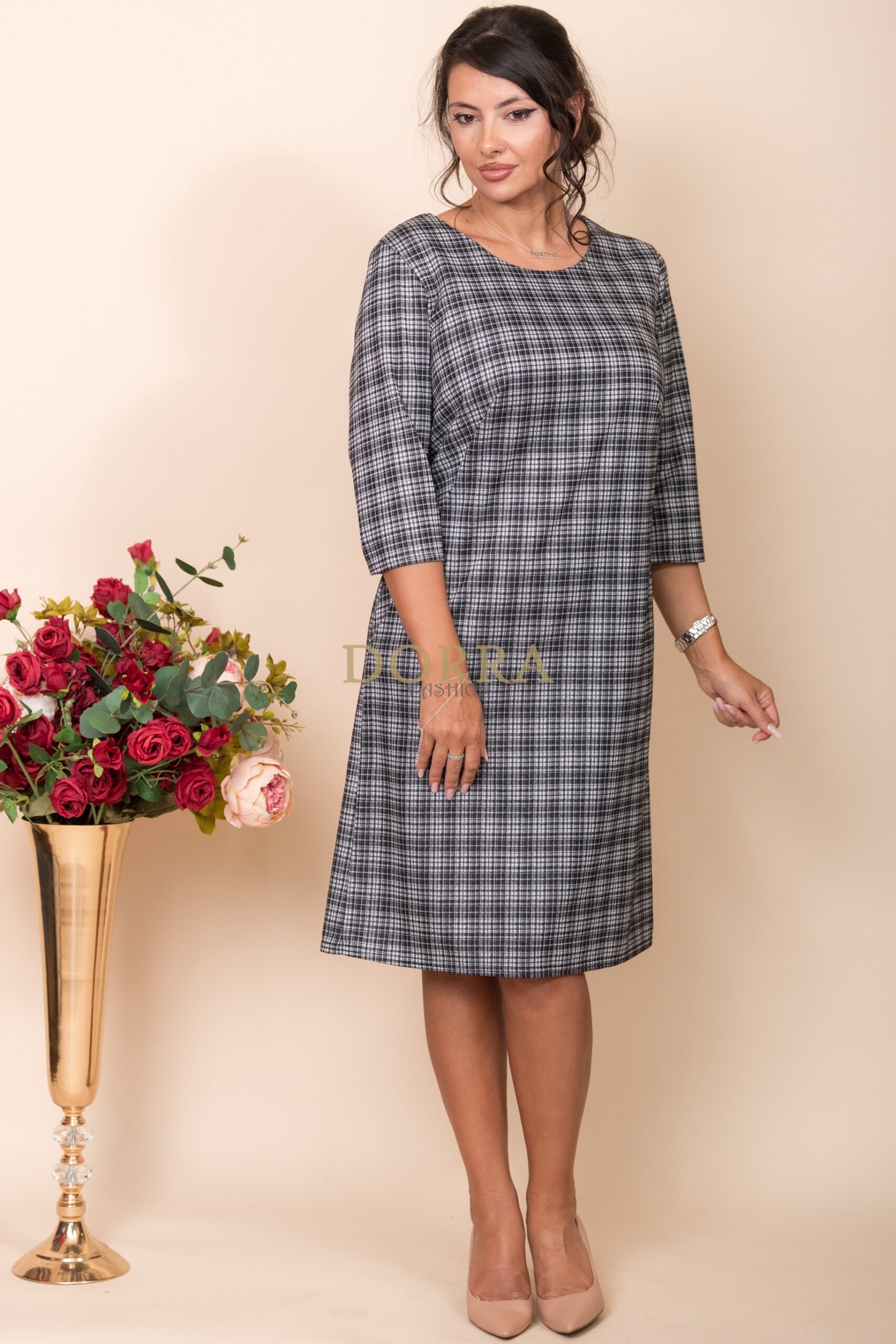 Rochie office Anais din stofă în carouri alb-negru cu buzunare