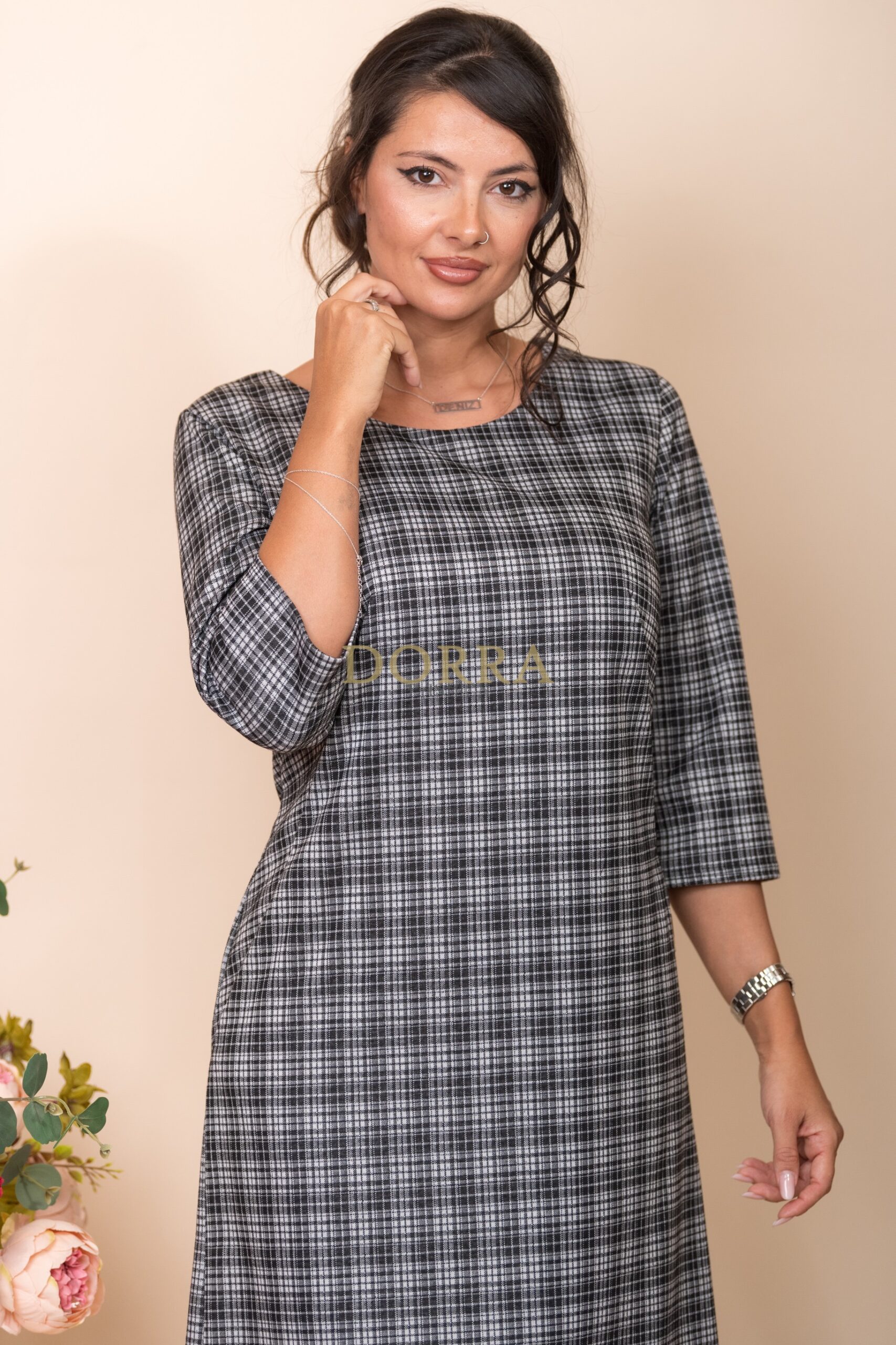 Rochie office Anais din stofă în carouri alb-negru cu buzunare - imagine 4