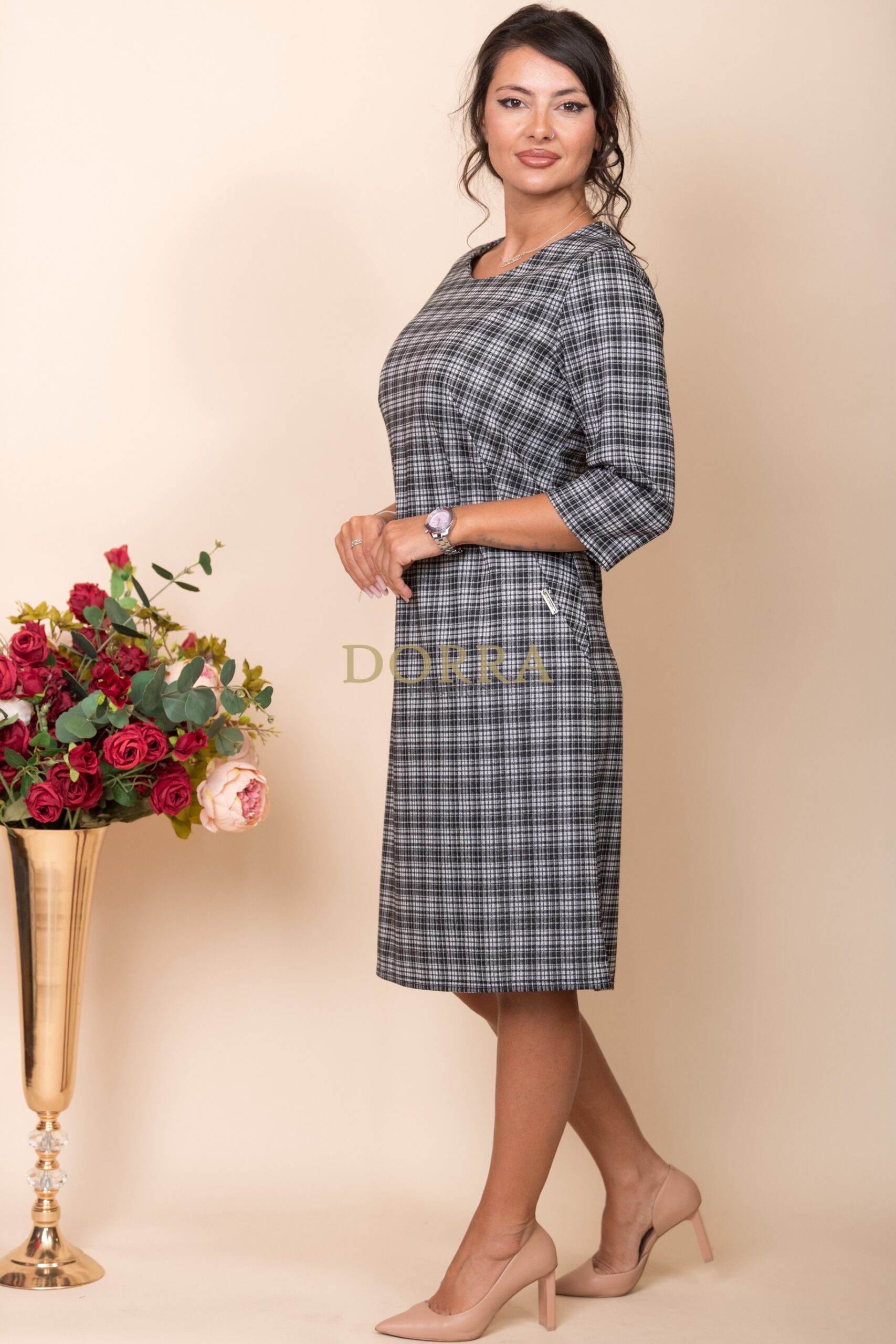 Rochie office Anais din stofă în carouri alb-negru cu buzunare - imagine 3