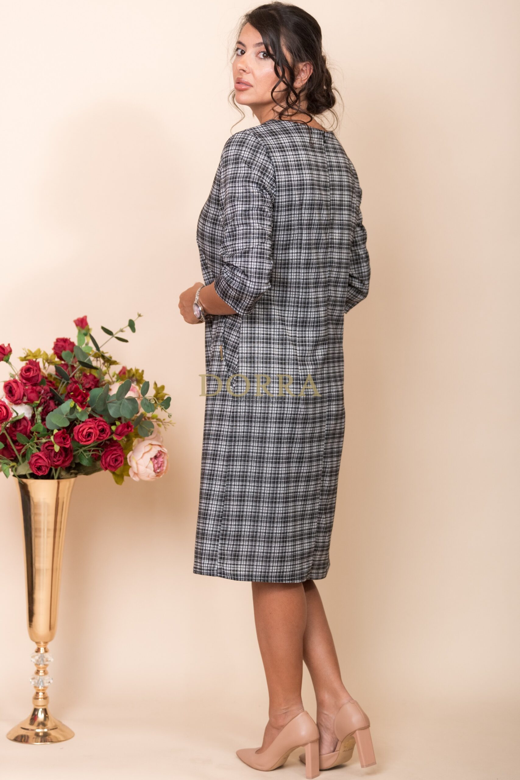 Rochie office Anais din stofă în carouri alb-negru cu buzunare - imagine 2