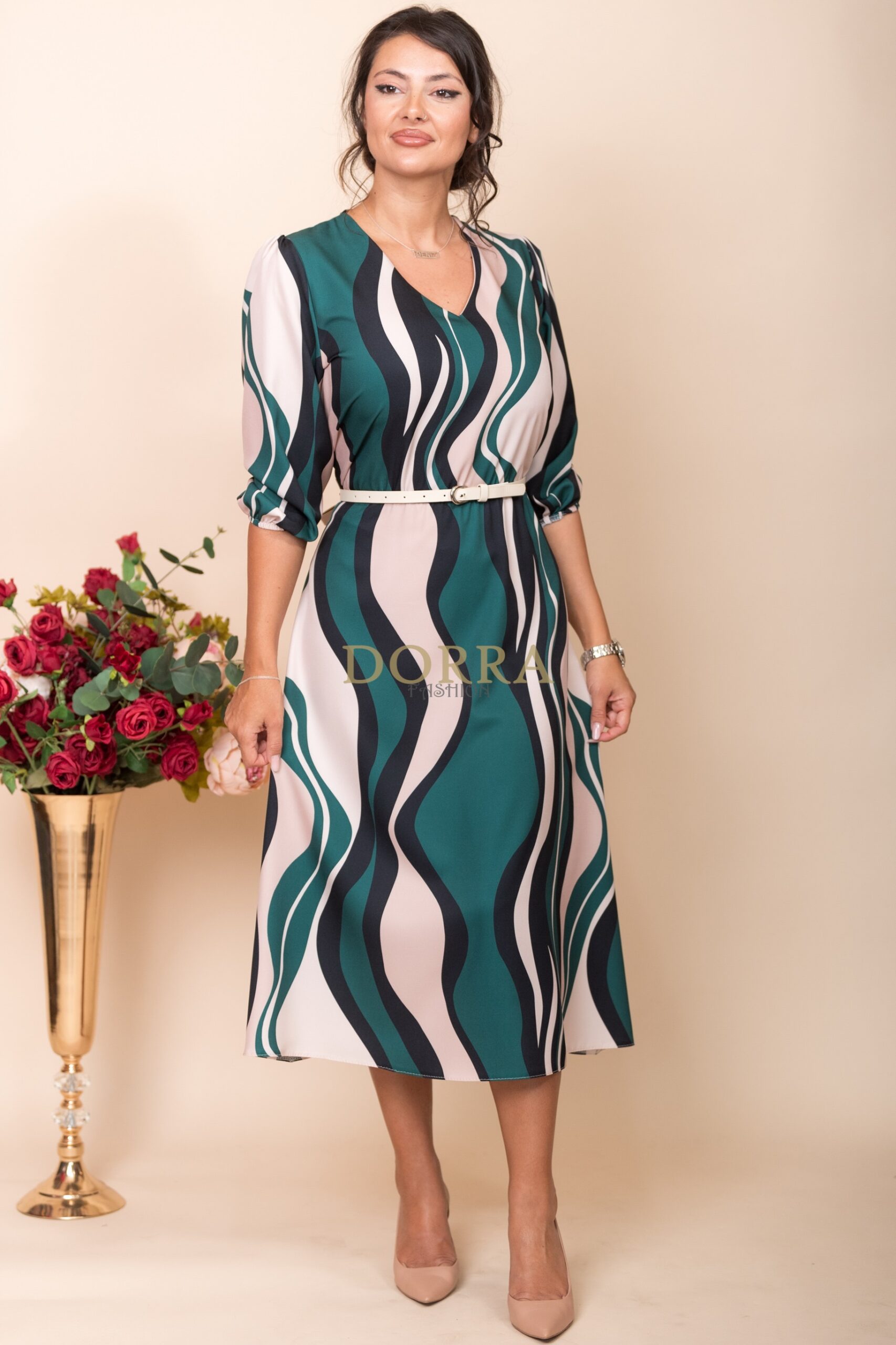 Rochie midi Jeane din barbie cu imprimeu abstract verde și curea