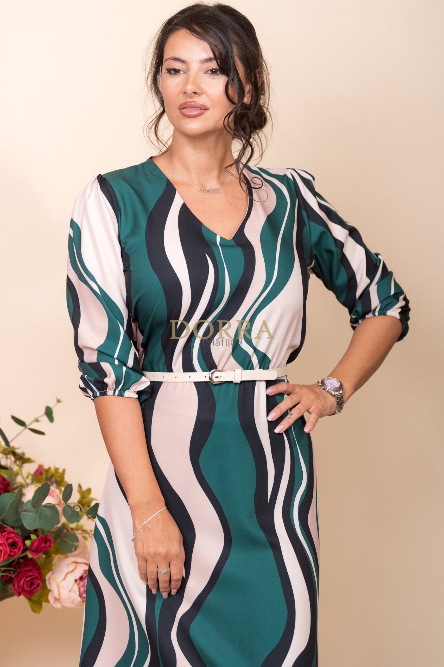 Rochie midi Jeane din barbie cu imprimeu abstract verde și curea - imagine 4