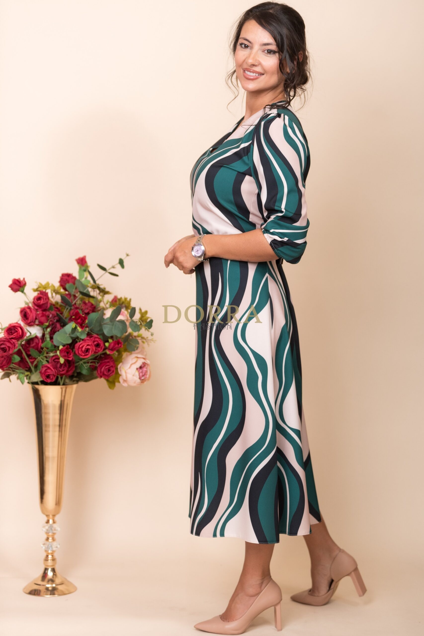 Rochie midi Jeane din barbie cu imprimeu abstract verde și curea - imagine 3