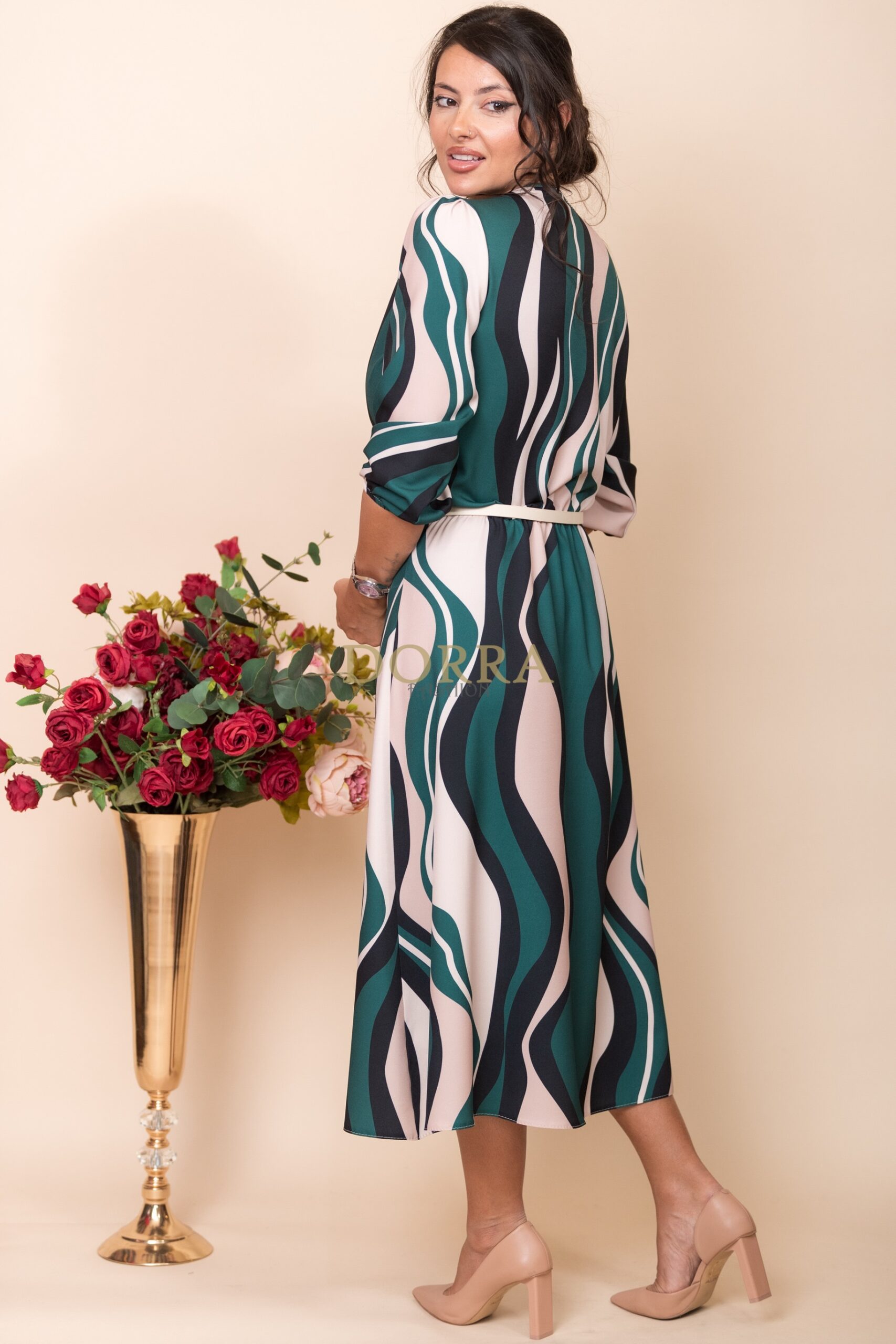 Rochie midi Jeane din barbie cu imprimeu abstract verde și curea - imagine 2