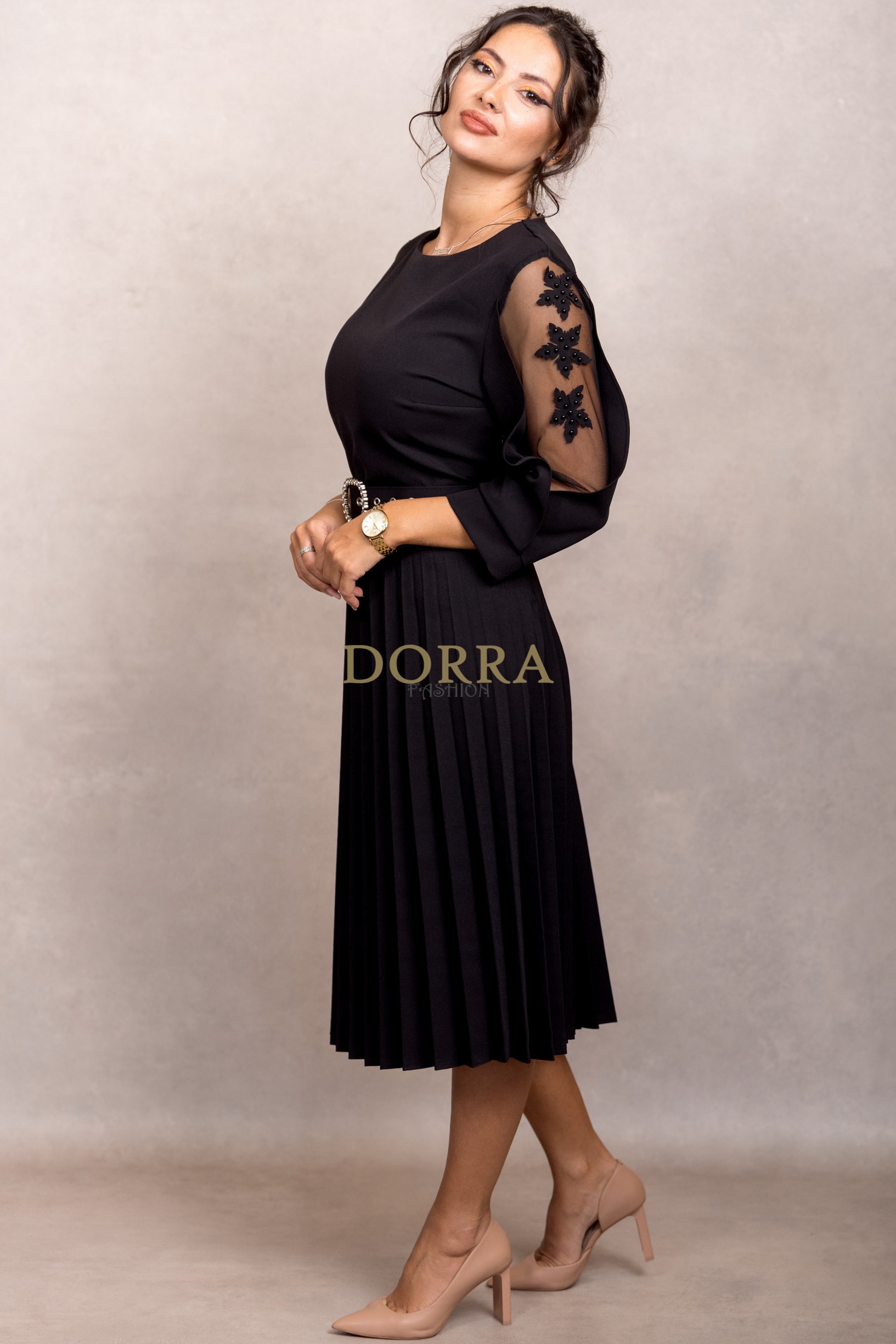 Rochie de ocazie Edith din stofă neagră cu mâneci din tull brodat - imagine 4