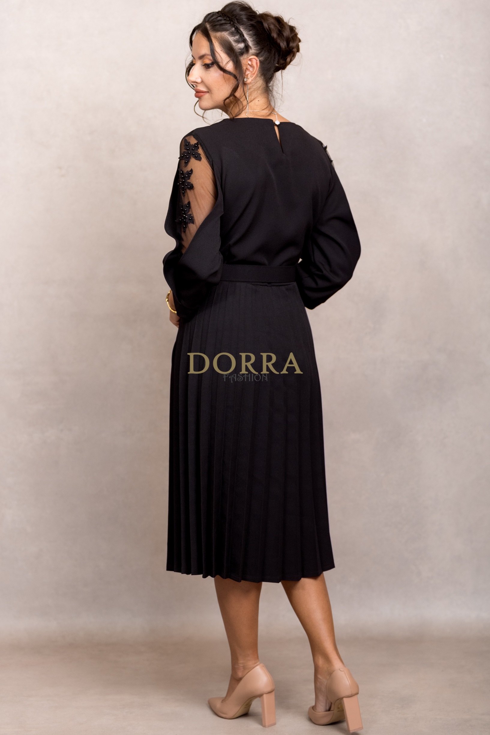Rochie de ocazie Edith din stofă neagră cu mâneci din tull brodat - imagine 2