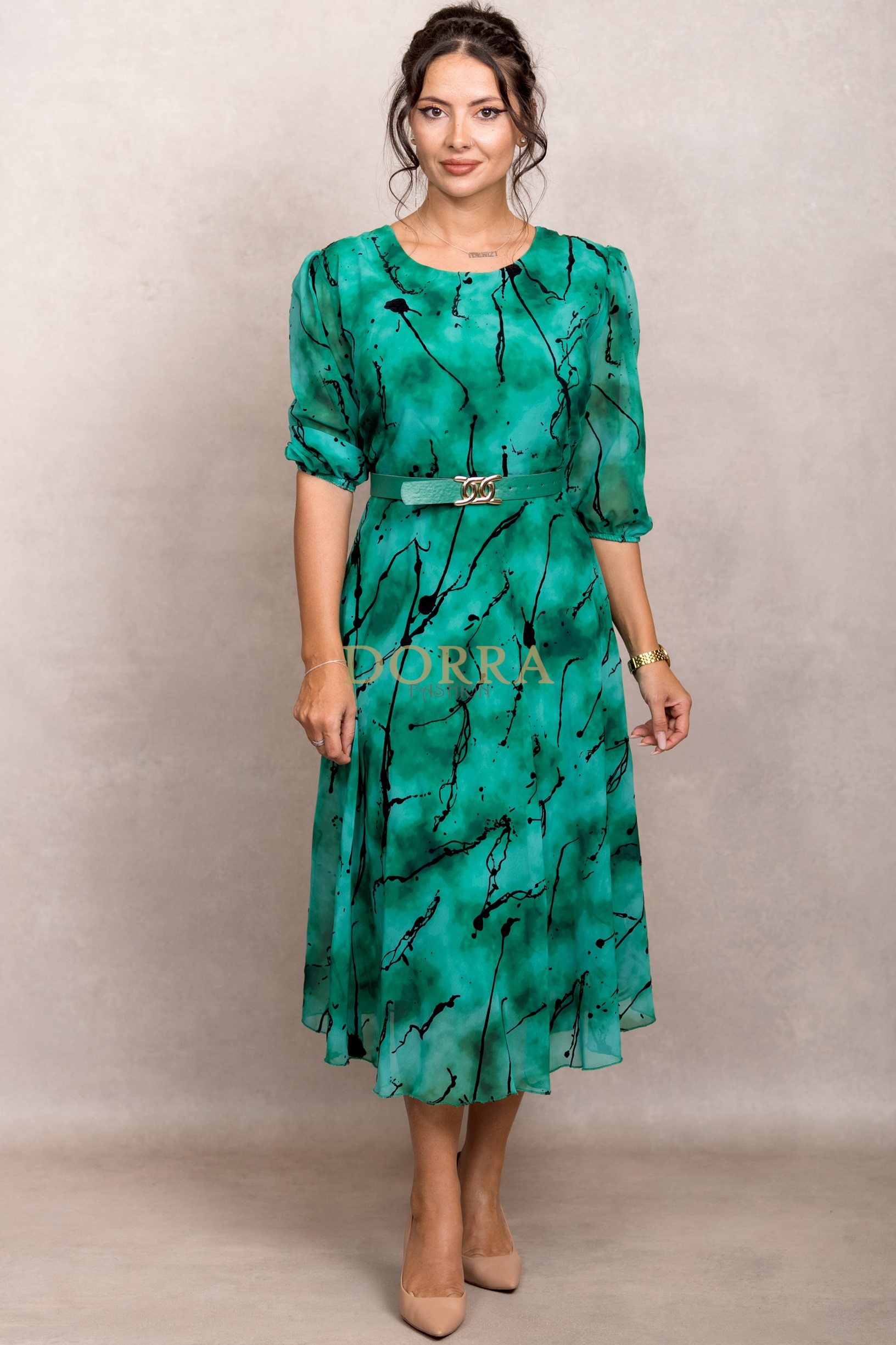 Rochie midi de ocazie Tamisa din voal verde cu imprimeu din catifea - imagine 5