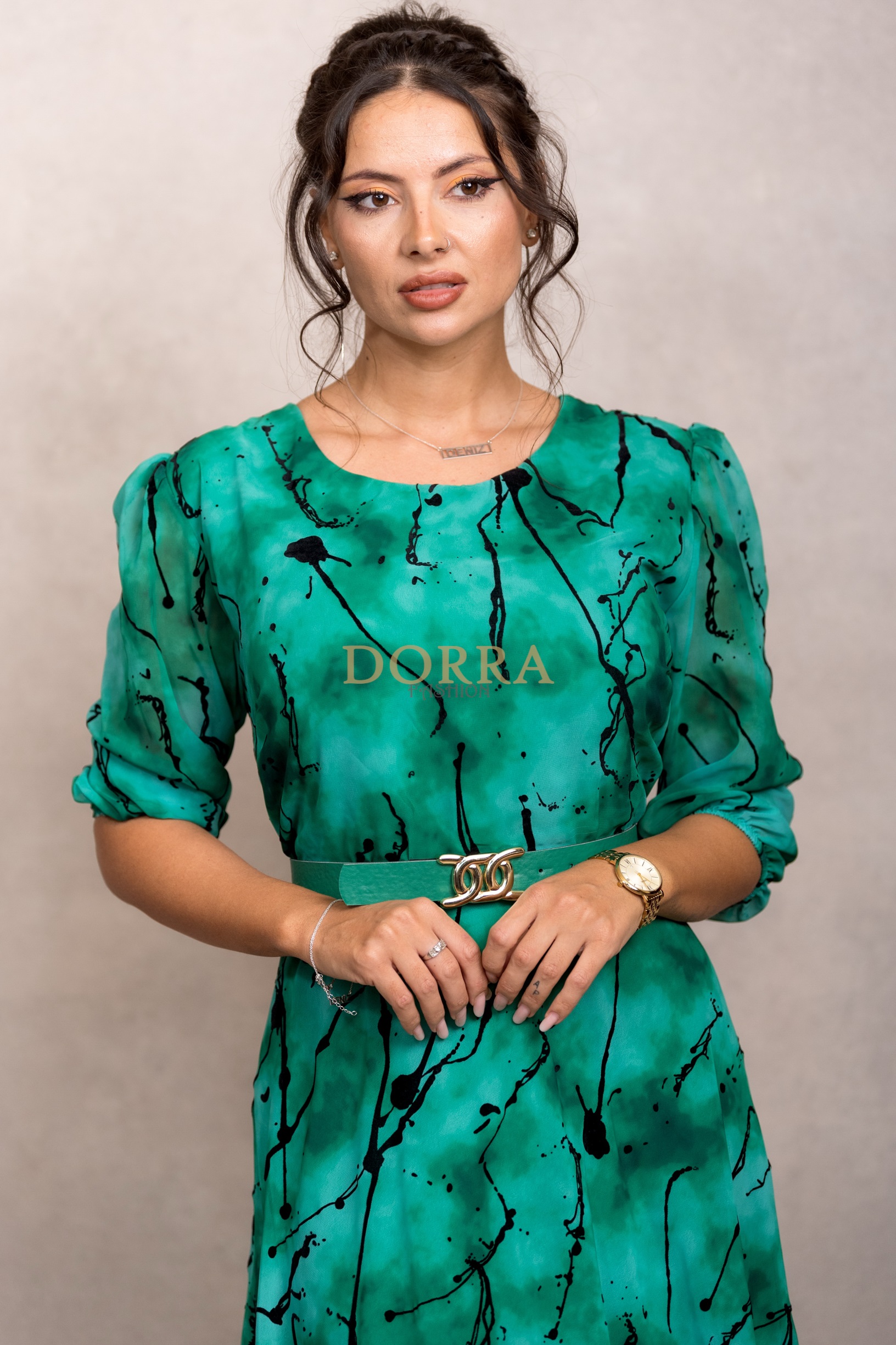 Rochie midi de ocazie Tamisa din voal verde cu imprimeu din catifea - imagine 3