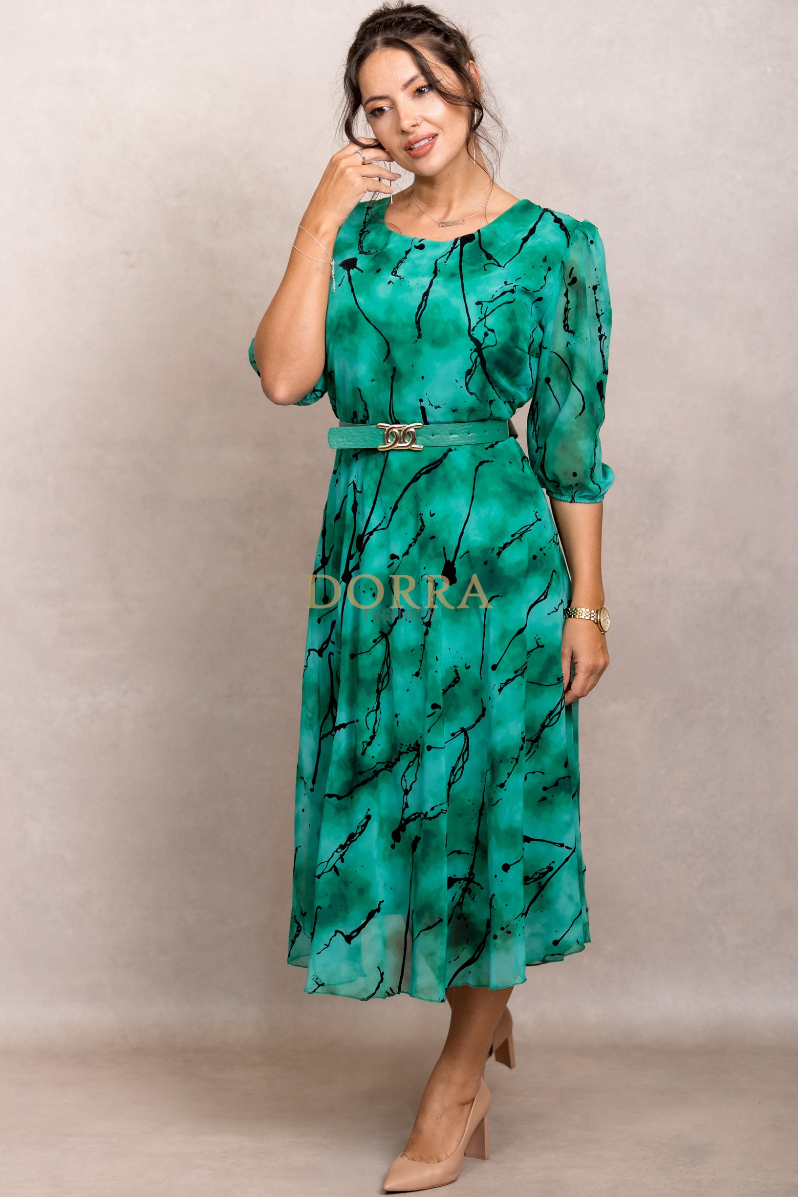 Rochie midi de ocazie Tamisa din voal verde cu imprimeu din catifea