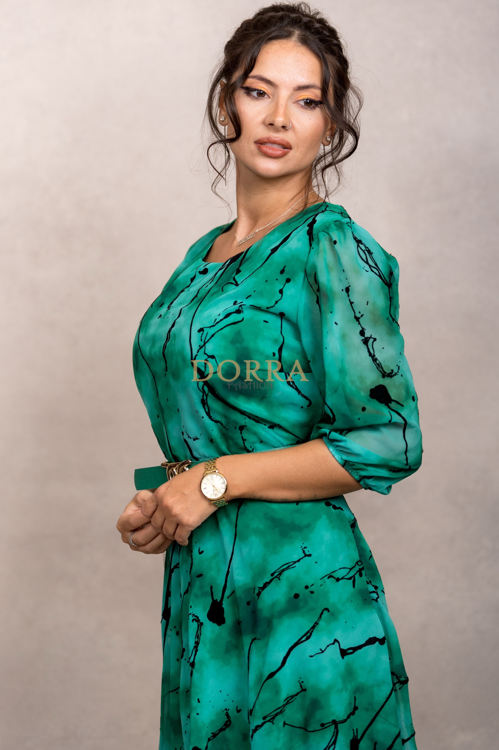 Rochie midi de ocazie Tamisa din voal verde cu imprimeu din catifea - imagine 4