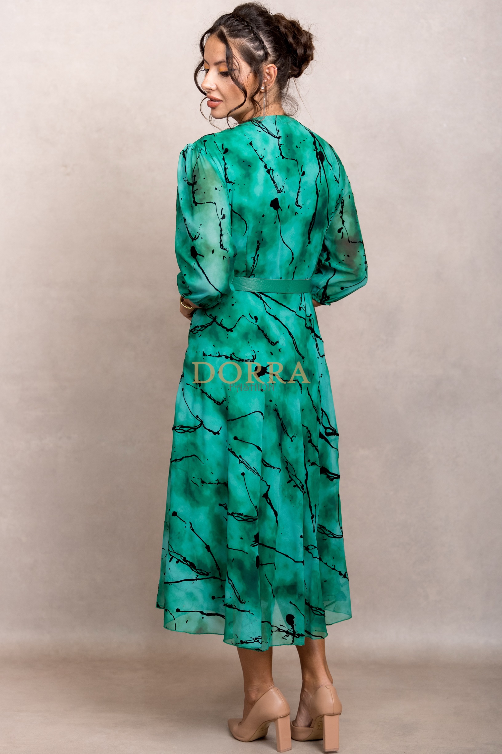 Rochie midi de ocazie Tamisa din voal verde cu imprimeu din catifea - imagine 2