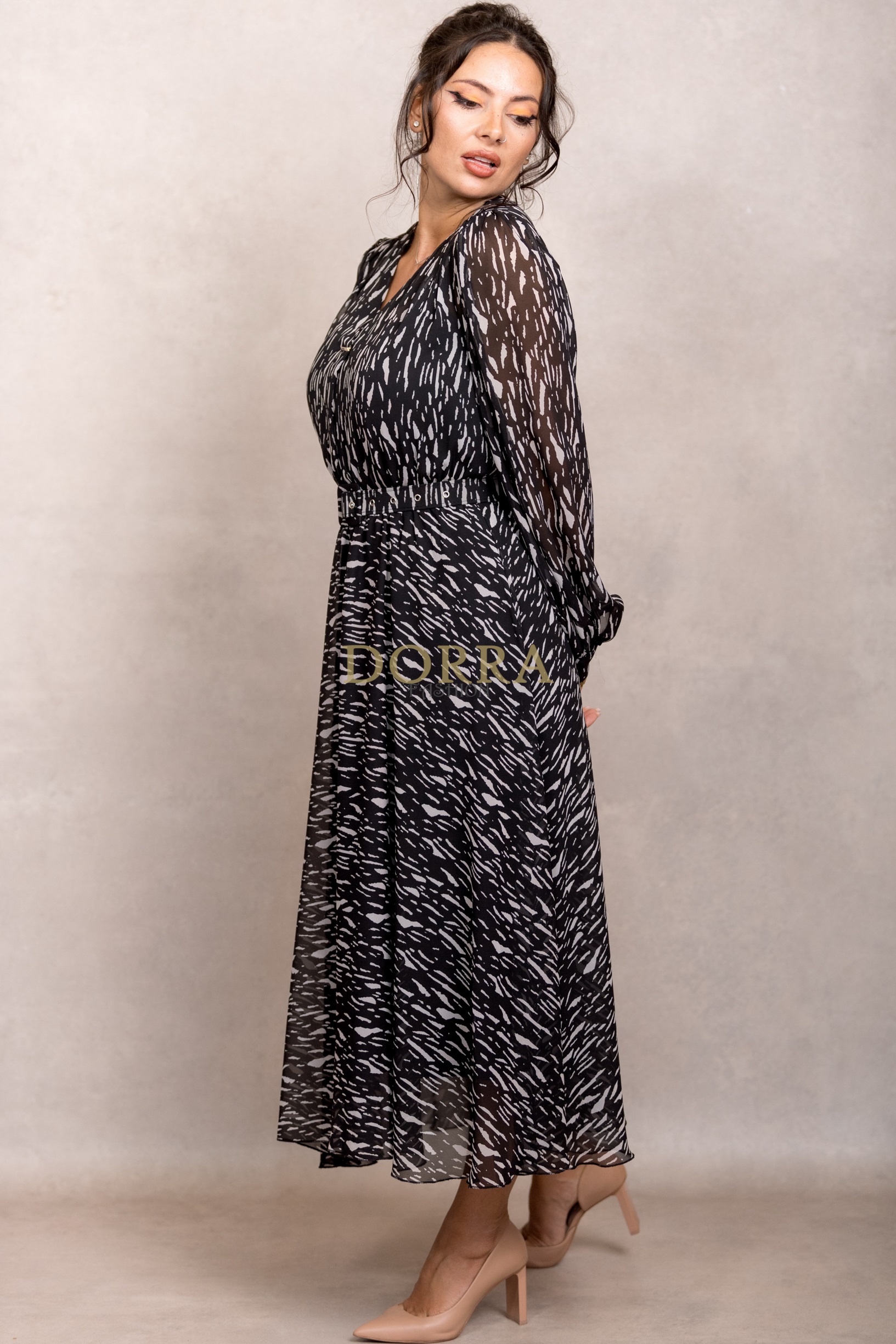 Rochie lungă Orinoco din voal negru cu alb - imagine 3