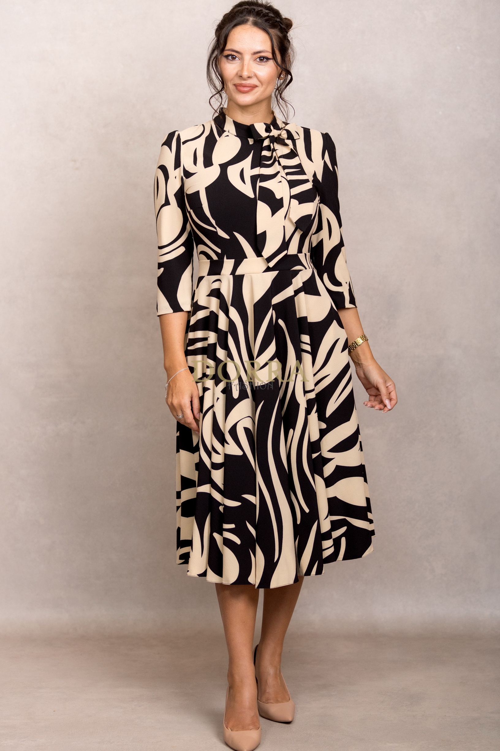 Rochie office Shila din stofă crem cu imprimeu abstract și fundă decorativă - imagine 8