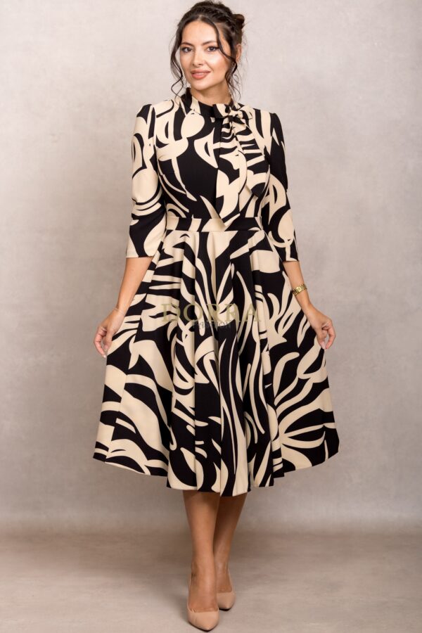 Rochie office Shila din stofă crem cu imprimeu abstract și fundă decorativă